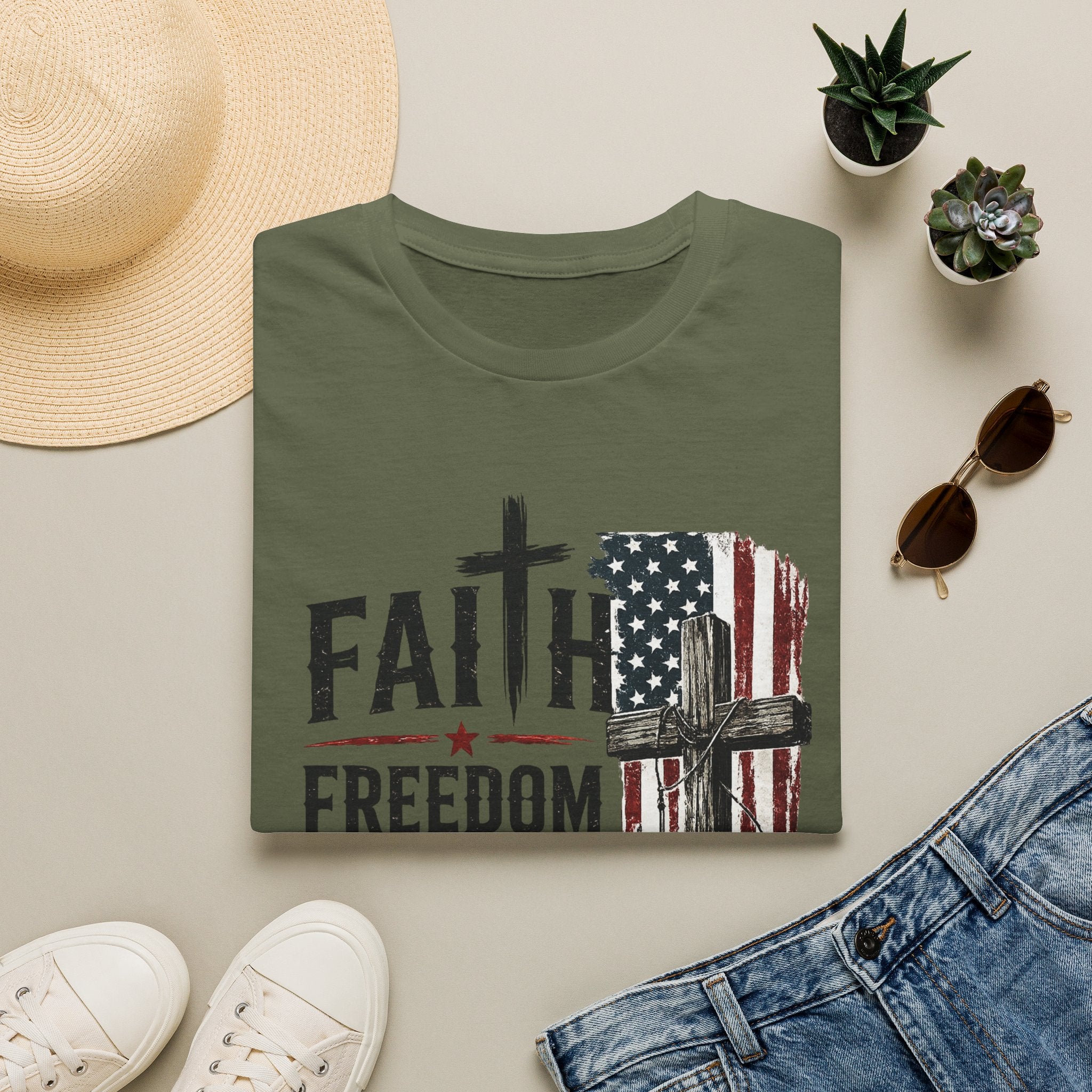 Faith & Freedom T-Shirt — American Flag Cross Fishing Graphic