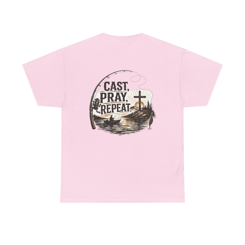 Fishing T‑Shirt — "Cast. Pray. Repeat." Christian Fishing Tee