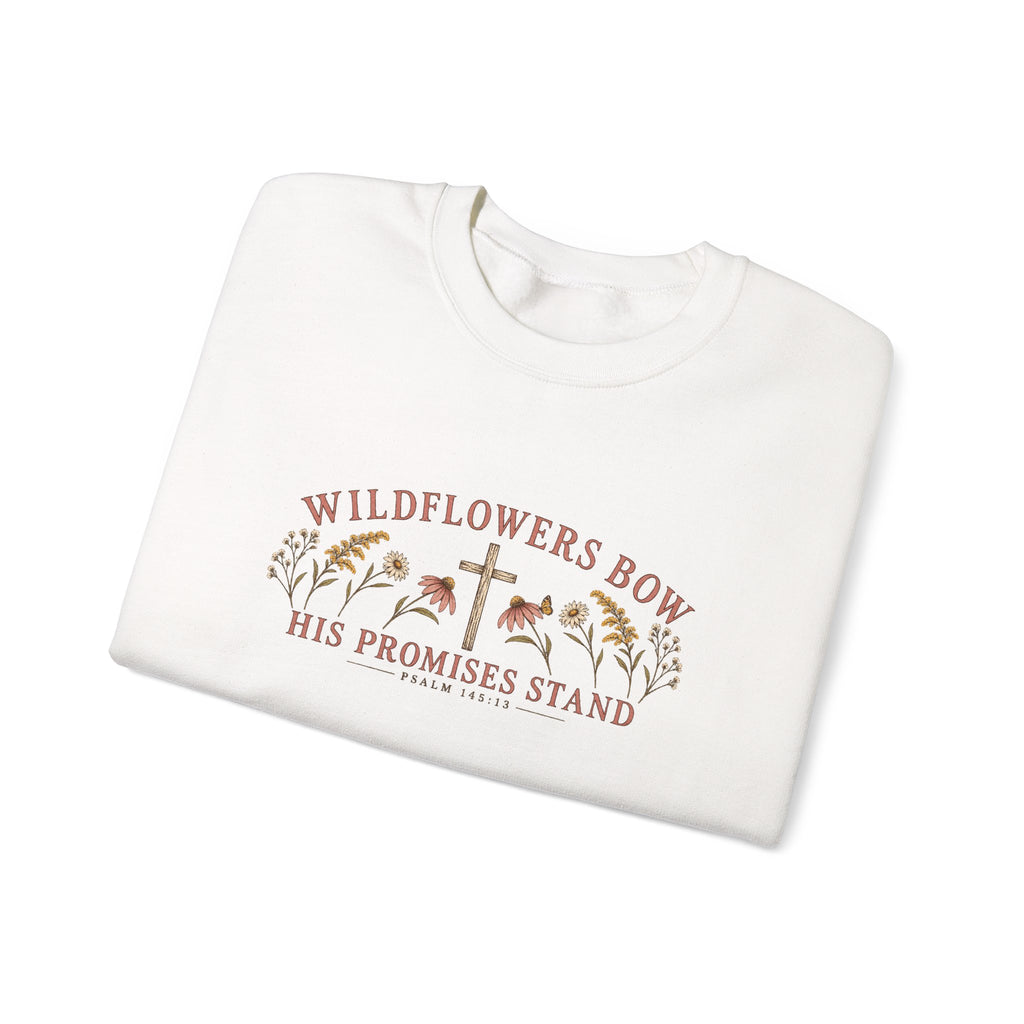 Wildflowers Bow Crewneck Sweatshirt — "His Promises Stand" Christian Floral Pullover