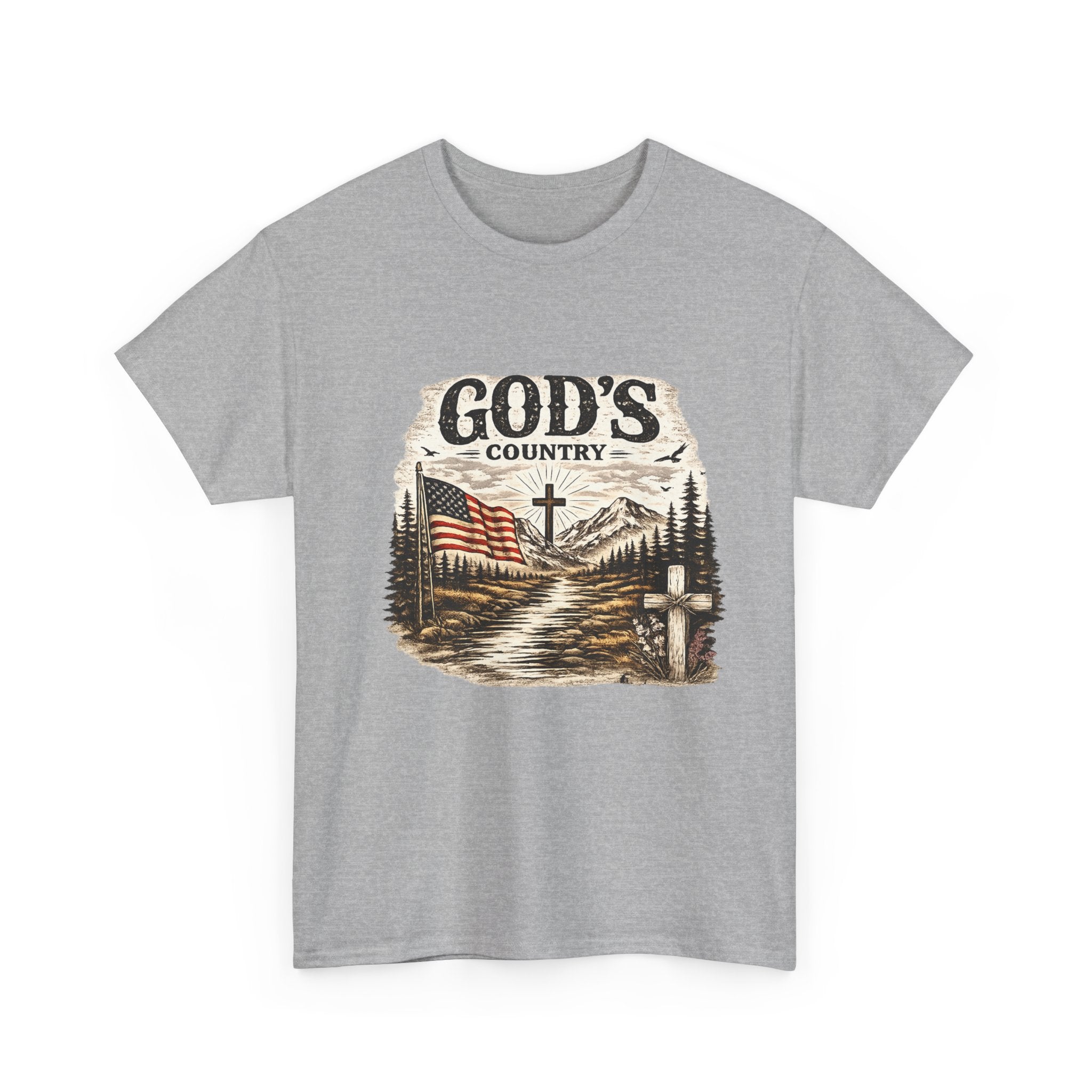 God's Country T-Shirt — American Flag, Cross & Rustic Mountain Vintage Graphic Tee