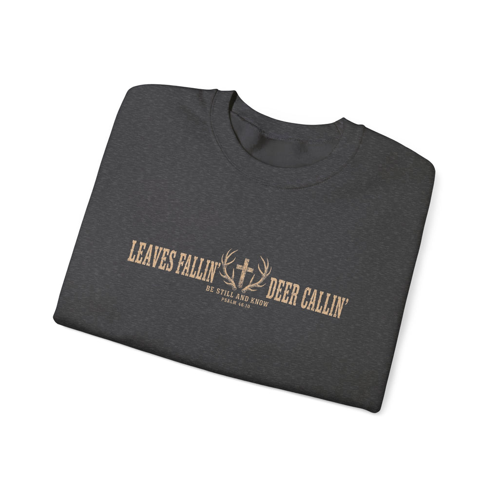 Crewneck Sweatshirt — "Leaves Fallin' & Deer Callin'" Rustic Hunting Graphic