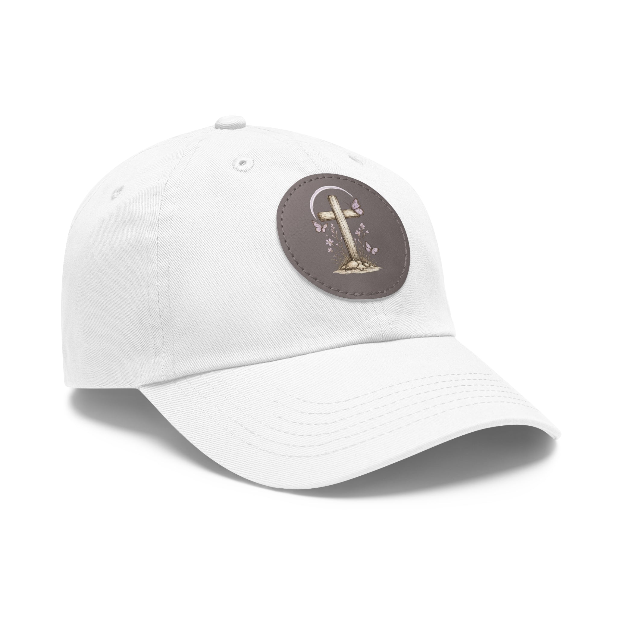 Dad Hat — Round Leather Patch Cross & Flowers Embroidered Design