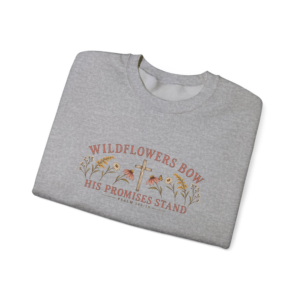 Wildflowers Bow Crewneck Sweatshirt — "His Promises Stand" Christian Floral Pullover