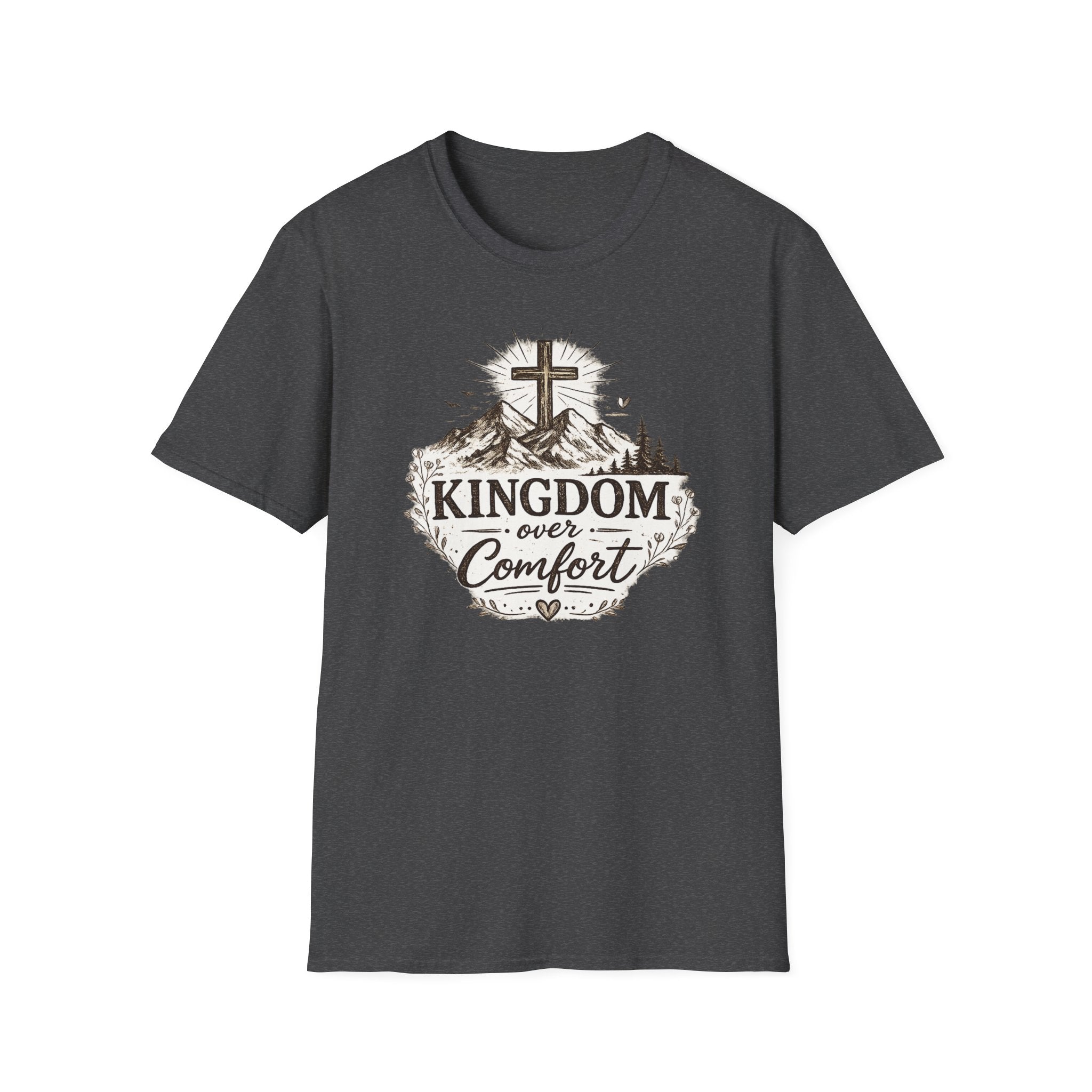 Kingdom Over Comfort Christian T-Shirt – Faith Cross Mountain Graphic