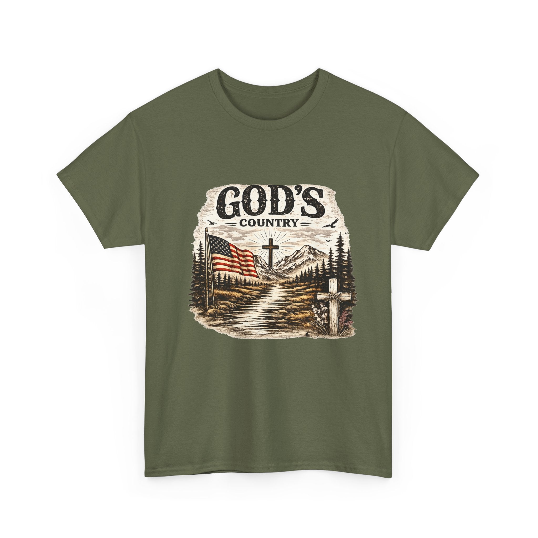 God's Country T-Shirt — American Flag, Cross & Rustic Mountain Vintage Graphic Tee
