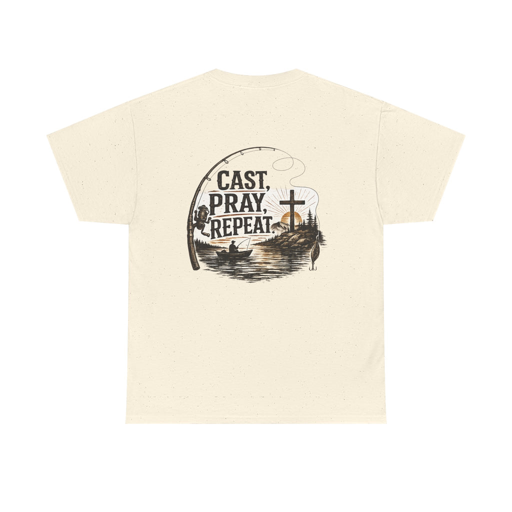 Fishing T‑Shirt — "Cast. Pray. Repeat." Christian Fishing Tee