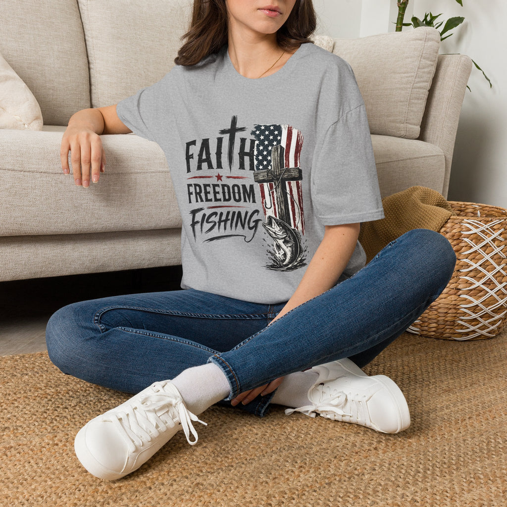 Faith & Freedom T-Shirt — American Flag Cross Fishing Graphic