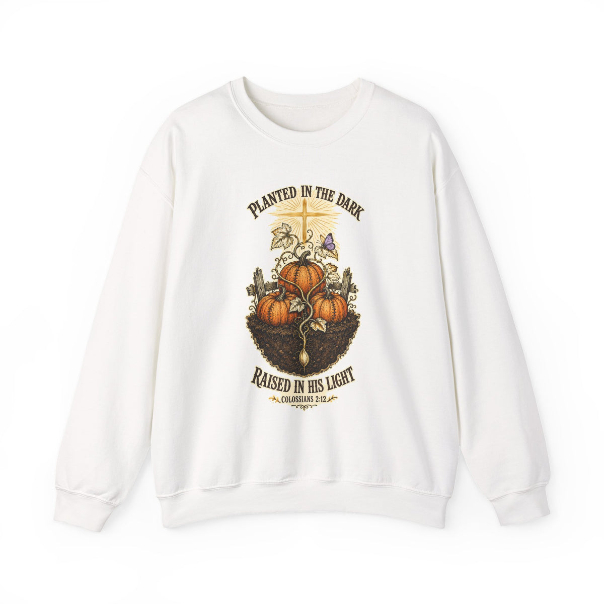 Autumn Pumpkin Crewneck Sweatshirt — "Planted in the Dark, Raised in His Light" Fall Christian Pullover