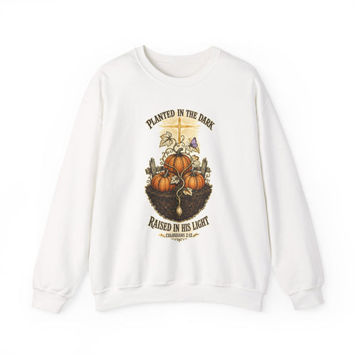 Autumn Pumpkin Crewneck Sweatshirt — "Planted in the Dark, Raised in His Light" Fall Christian Pullover