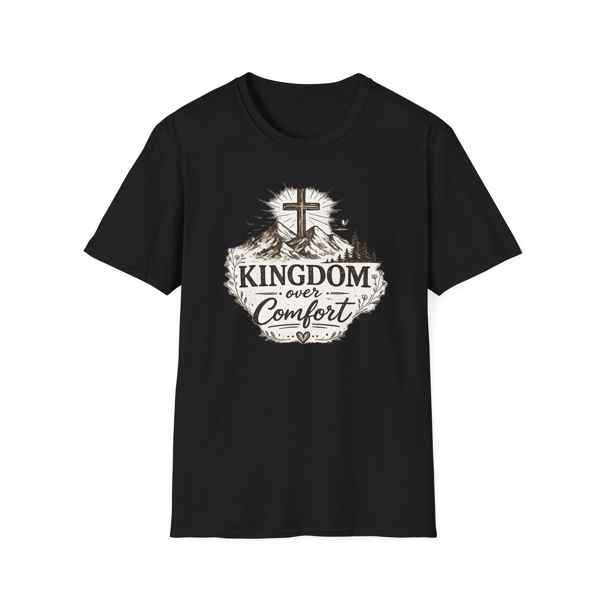 Kingdom Over Comfort Christian T-Shirt – Faith Cross Mountain Graphic