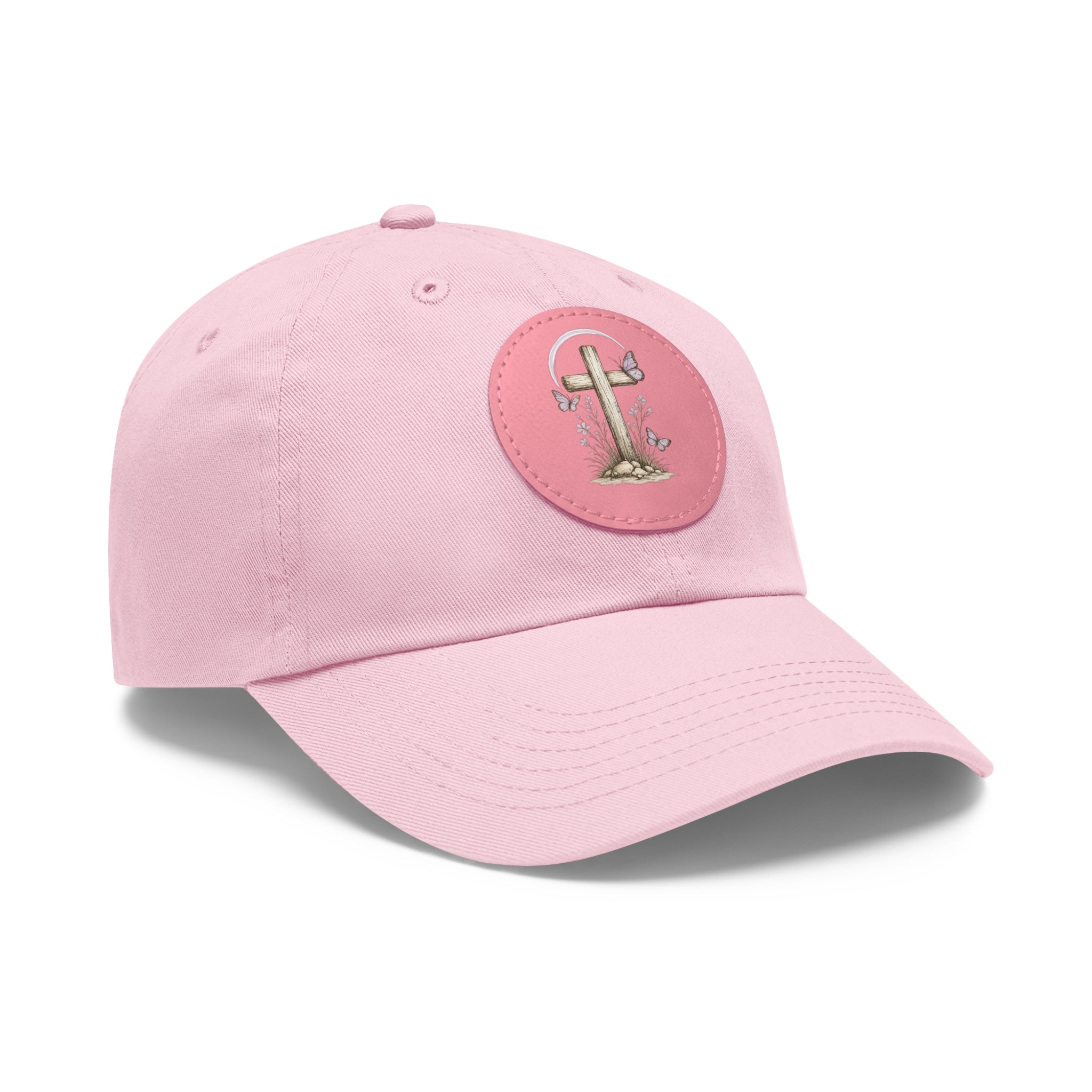 Dad Hat — Round Leather Patch Cross & Flowers Embroidered Design