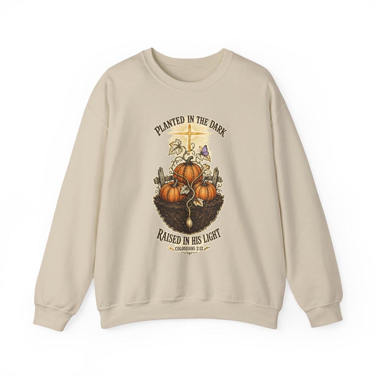 Autumn Pumpkin Crewneck Sweatshirt — "Planted in the Dark, Raised in His Light" Fall Christian Pullover