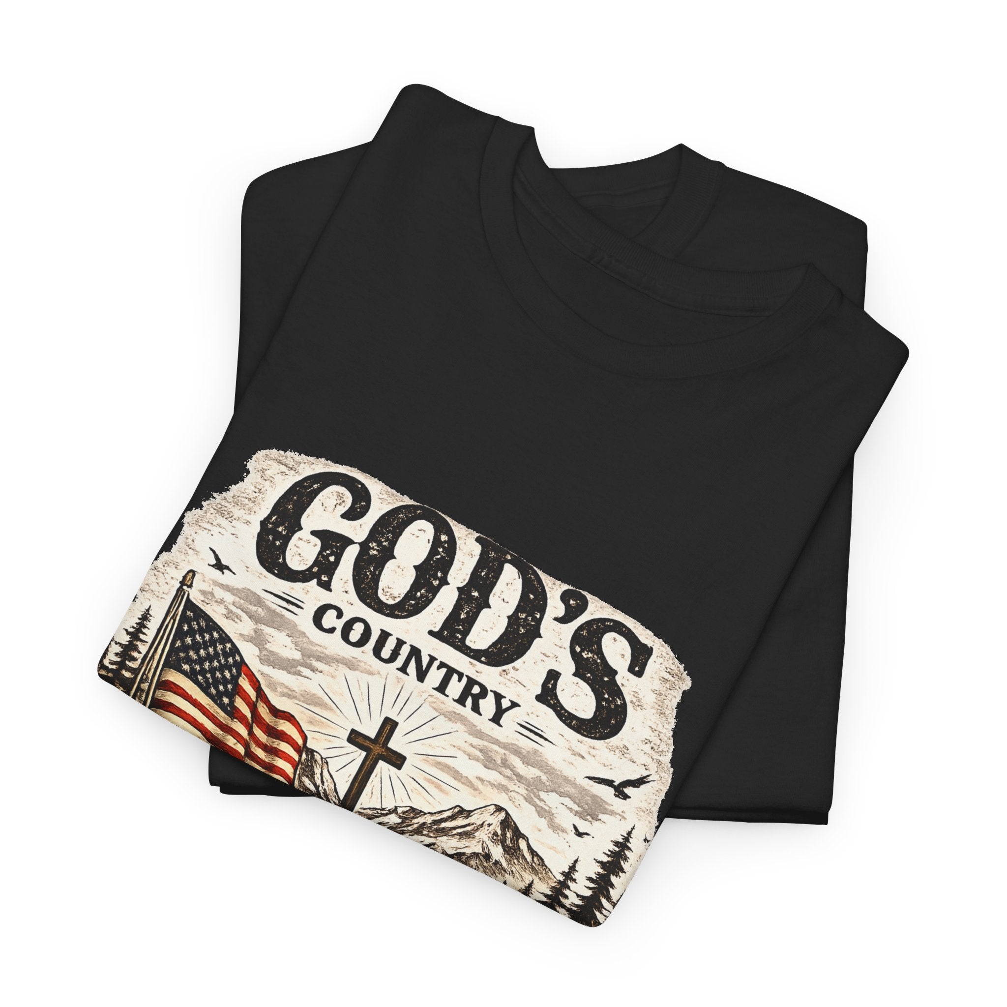God's Country T-Shirt — American Flag, Cross & Rustic Mountain Vintage Graphic Tee