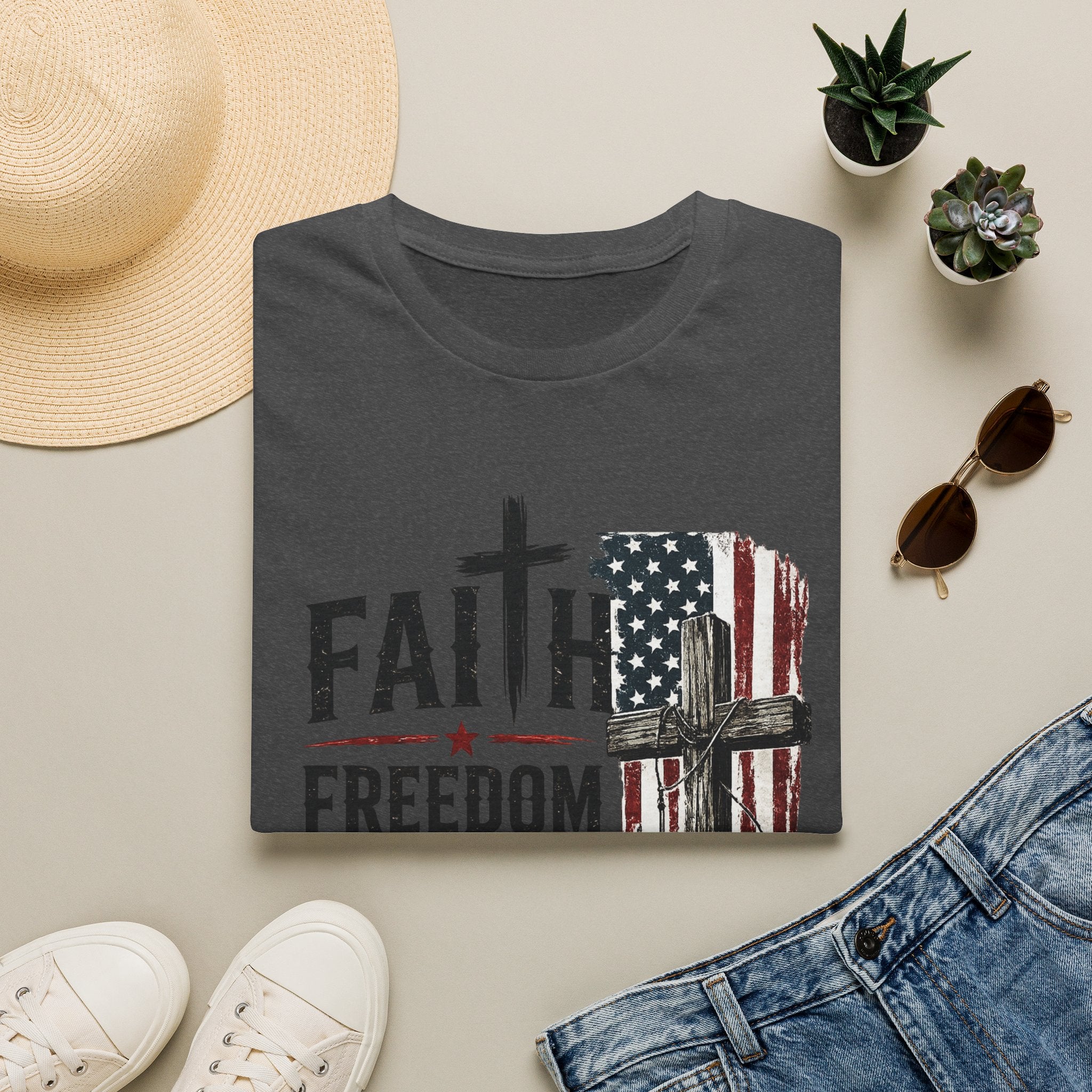 Faith & Freedom T-Shirt — American Flag Cross Fishing Graphic