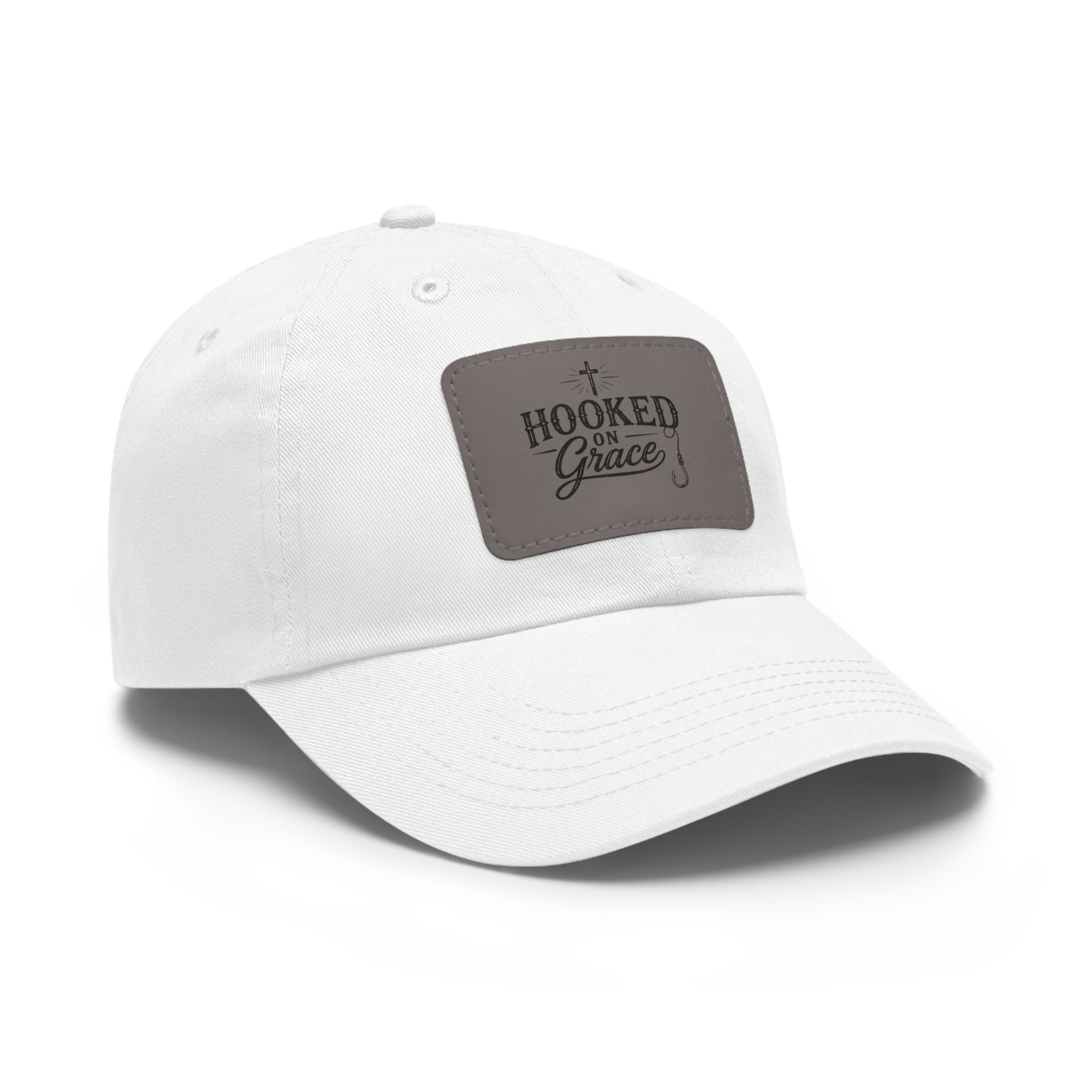Hooked on Grace Leather Patch Dad Hat — Fishing Faith Embroidered Cap