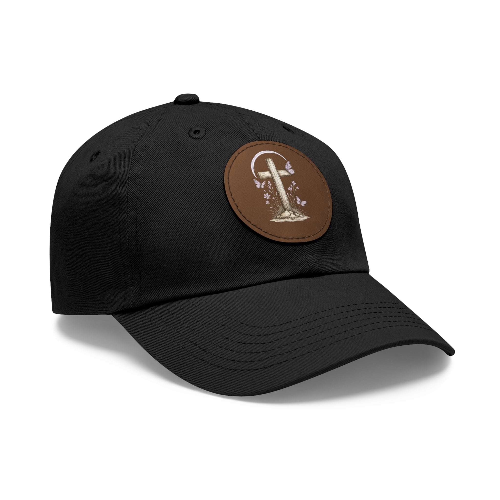 Dad Hat — Round Leather Patch Cross & Flowers Embroidered Design