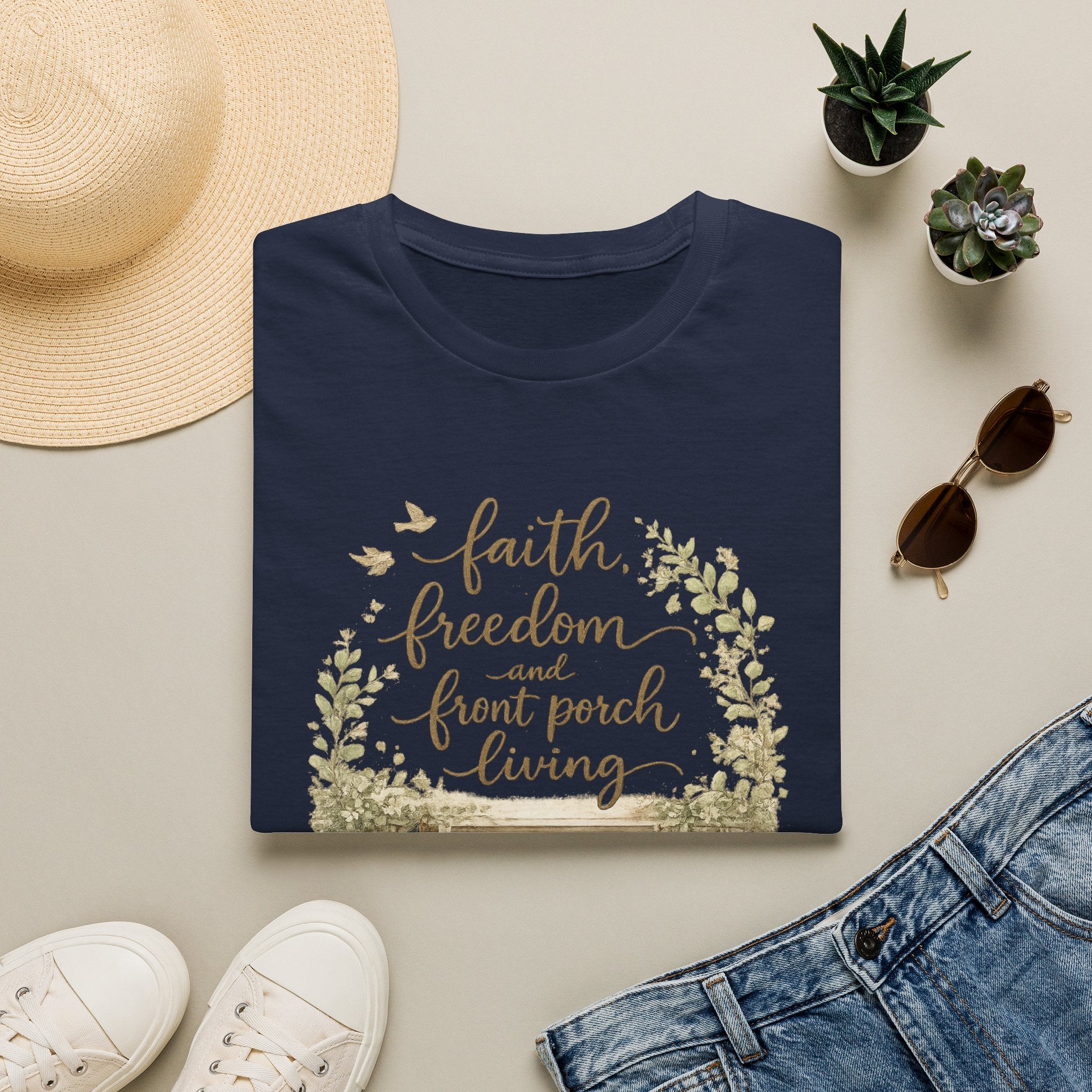 Faith, Freedom & Front Porch Living T-Shirt — Cozy Farmhouse Cottage Tee
