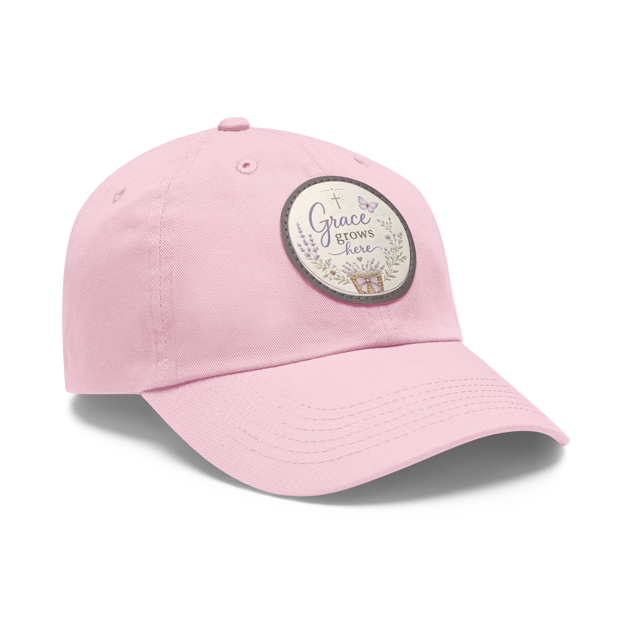 Grace Grows Here Dad Hat — Embroidered Round Leather Patch Christian Baseball Cap