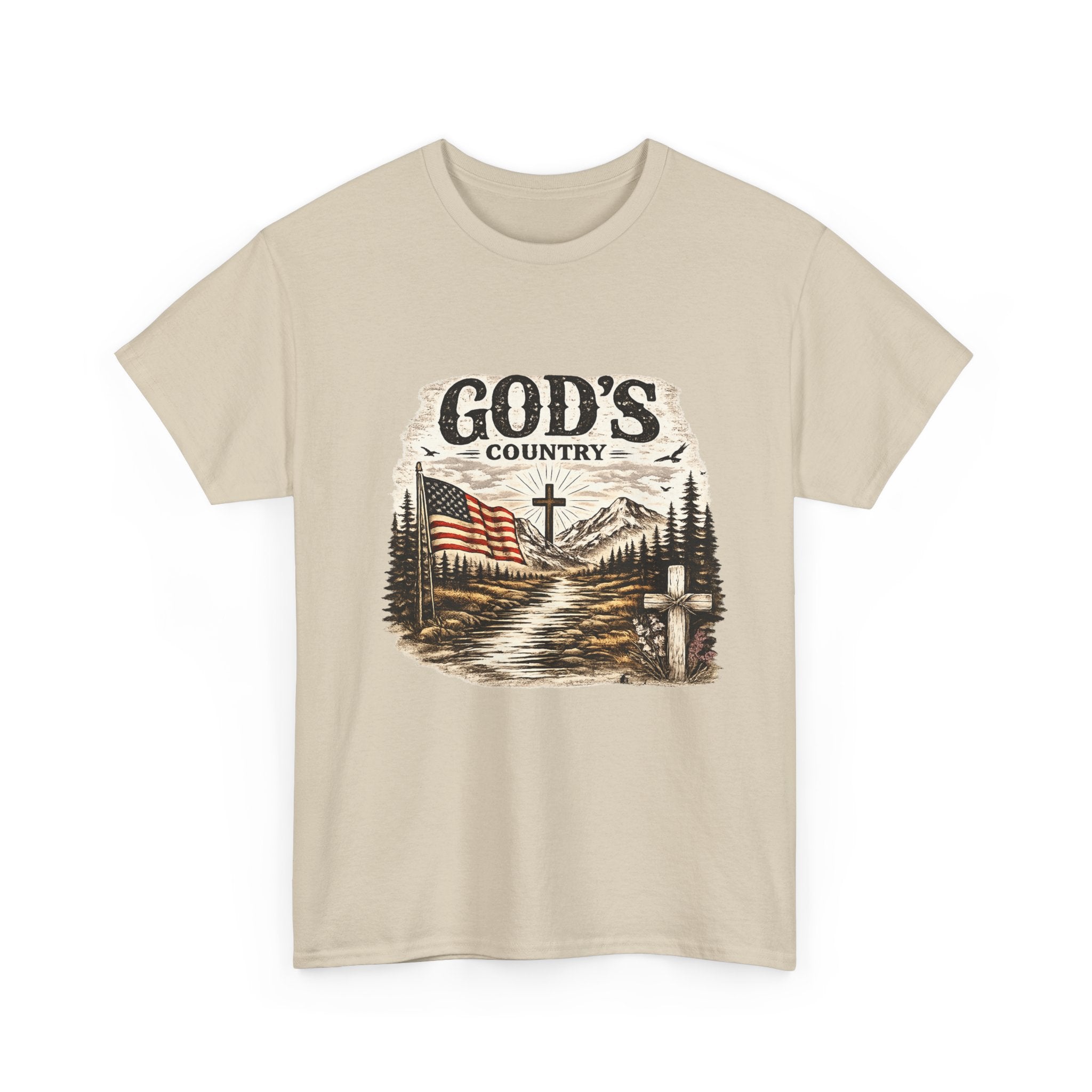 God's Country T-Shirt — American Flag, Cross & Rustic Mountain Vintage Graphic Tee