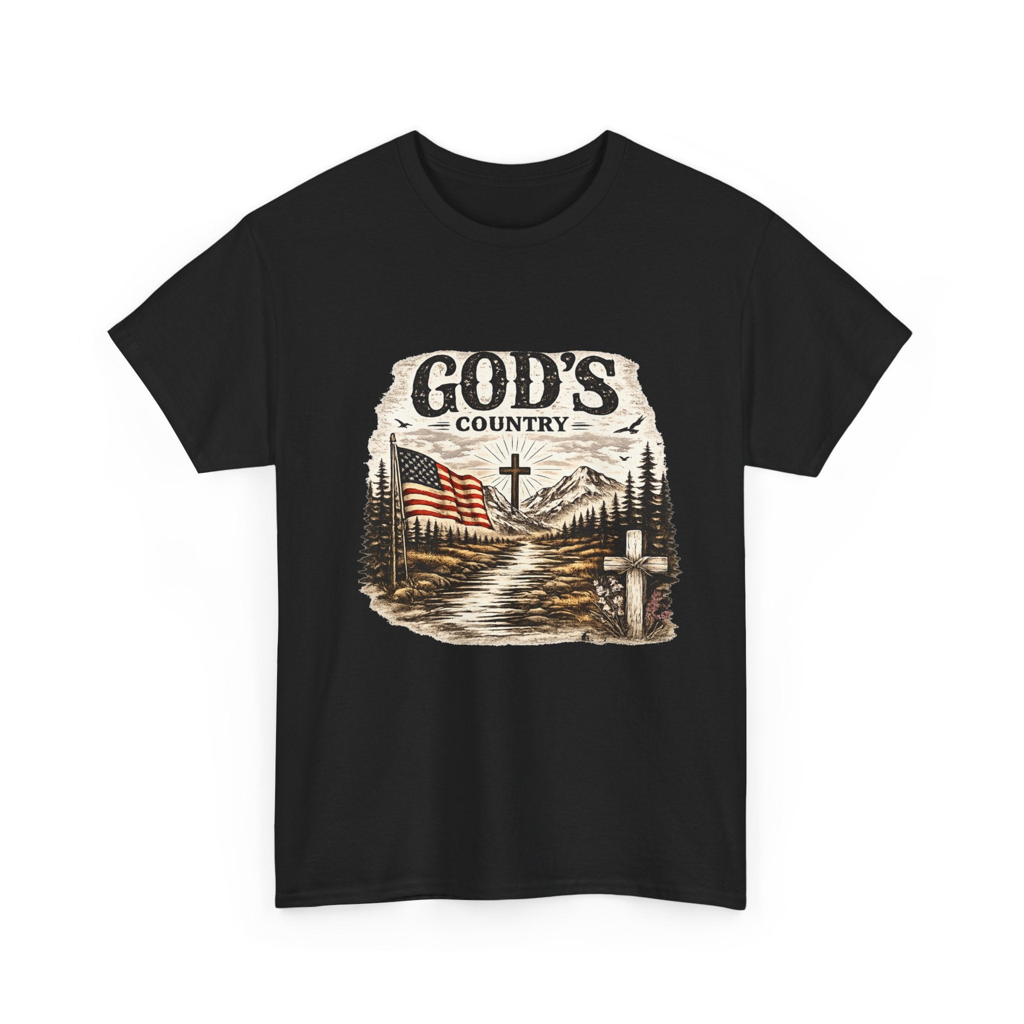 God's Country T-Shirt — American Flag, Cross & Rustic Mountain Vintage Graphic Tee