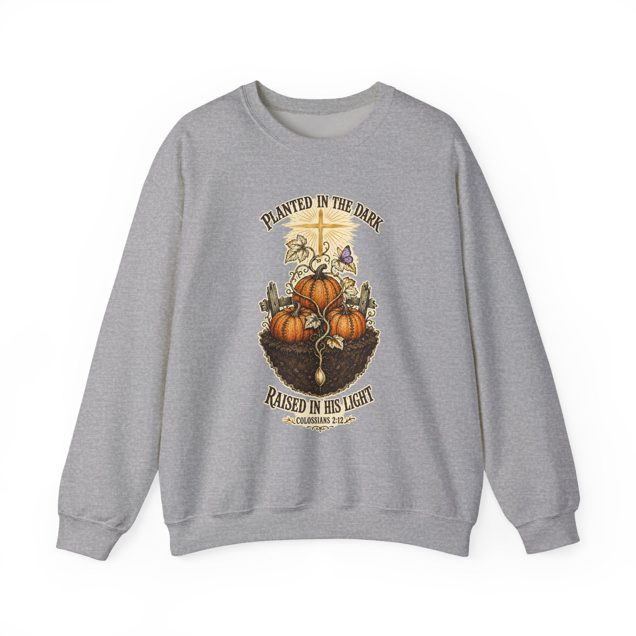 Autumn Pumpkin Crewneck Sweatshirt — "Planted in the Dark, Raised in His Light" Fall Christian Pullover