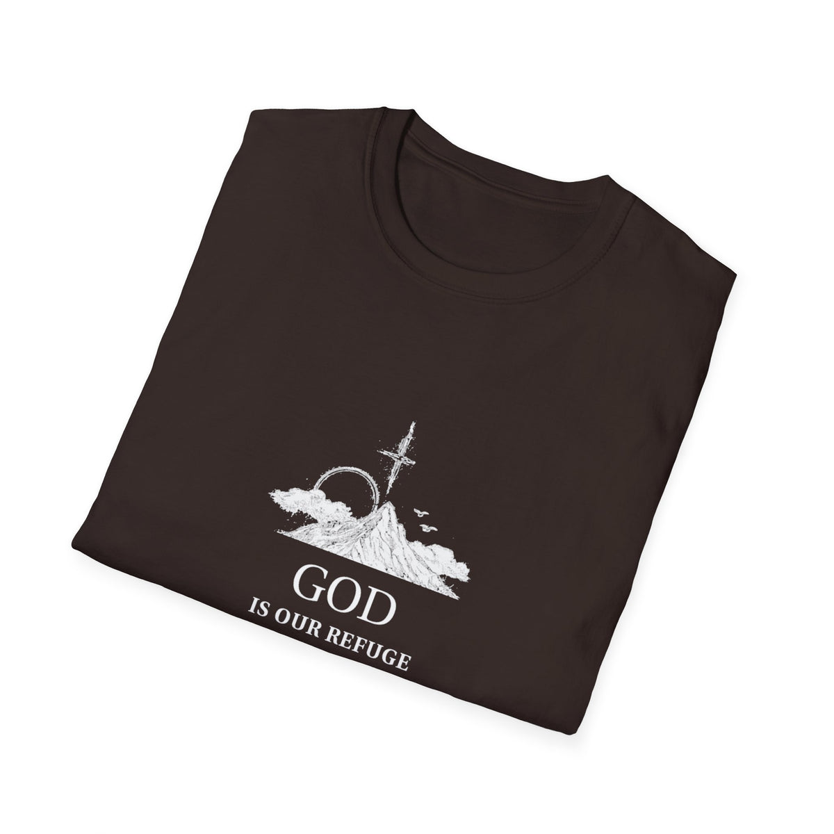 God Psalm 46:1 T-Shirt — Faith-Based Christian Tee with Cross & Mountain Design