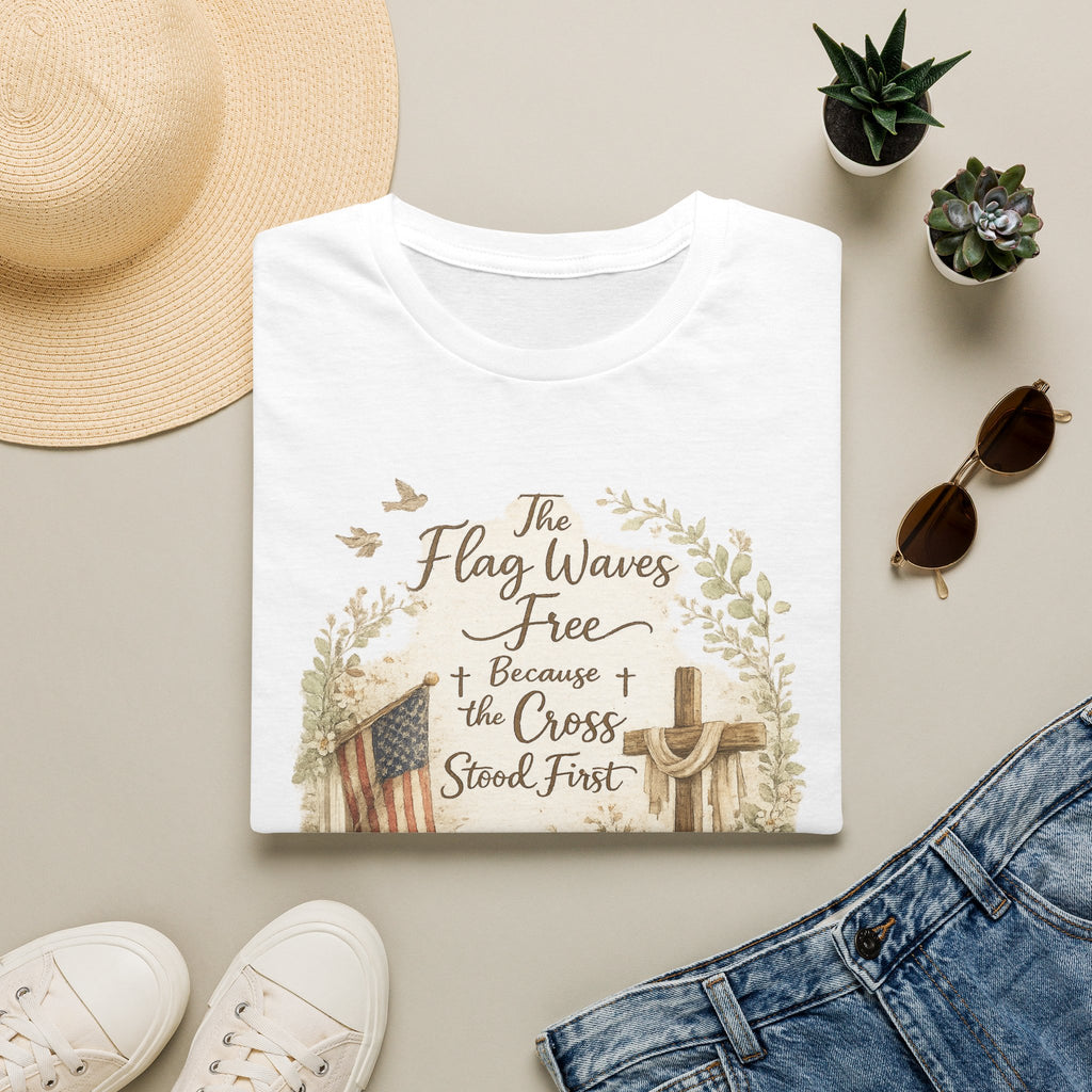 Christian Patriotic T-Shirt — “The Flag Waves Free Because the Cross Stood First”