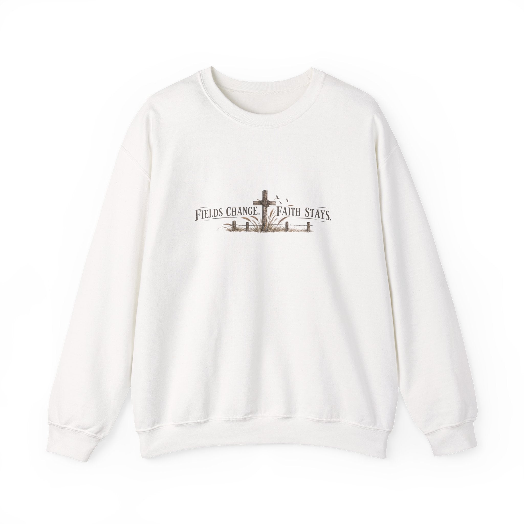 Faith Keepsakes Crewneck Sweatshirt — "Fields Change, Faith Stays" Christian Pullover