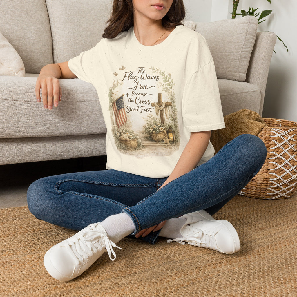 Christian Patriotic T-Shirt — “The Flag Waves Free Because the Cross Stood First”