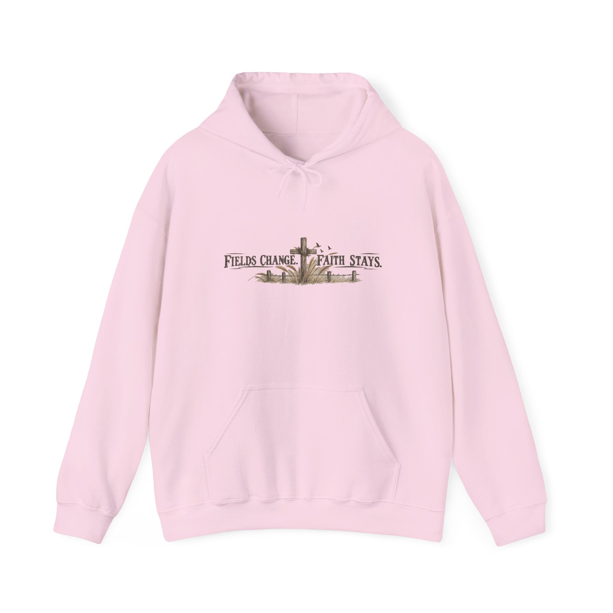 Faith Farm Hoodie — "Fields Change, Faith Stays" Cross Design