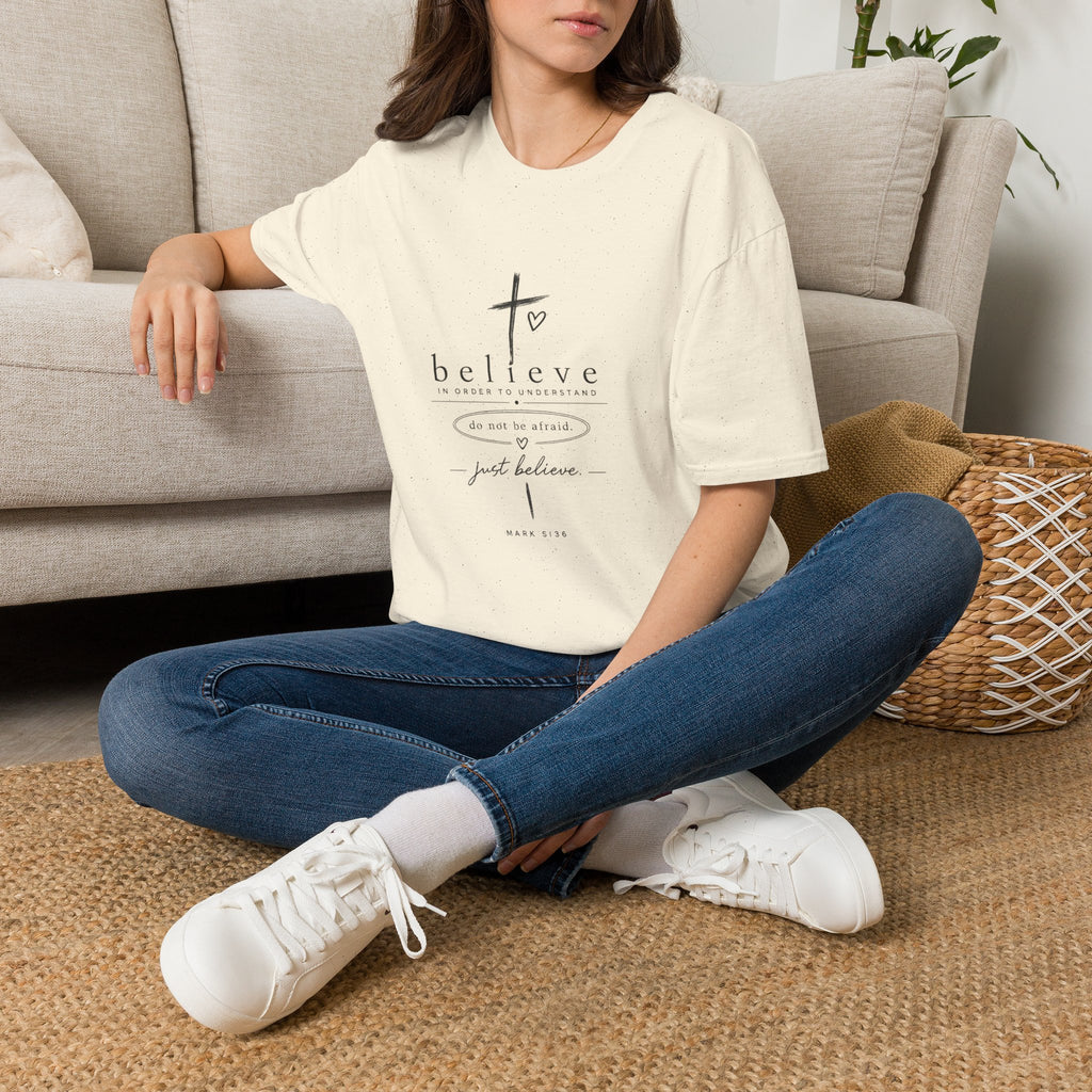 Believe Cross T‑Shirt — 'Believe in Order to Understand' Christian Faith Tee