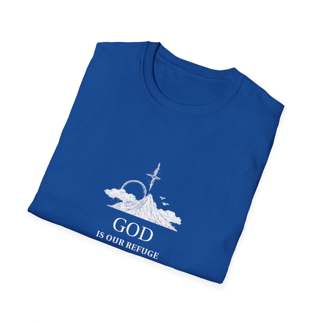 God Psalm 46:1 T-Shirt — Faith-Based Christian Tee with Cross & Mountain Design