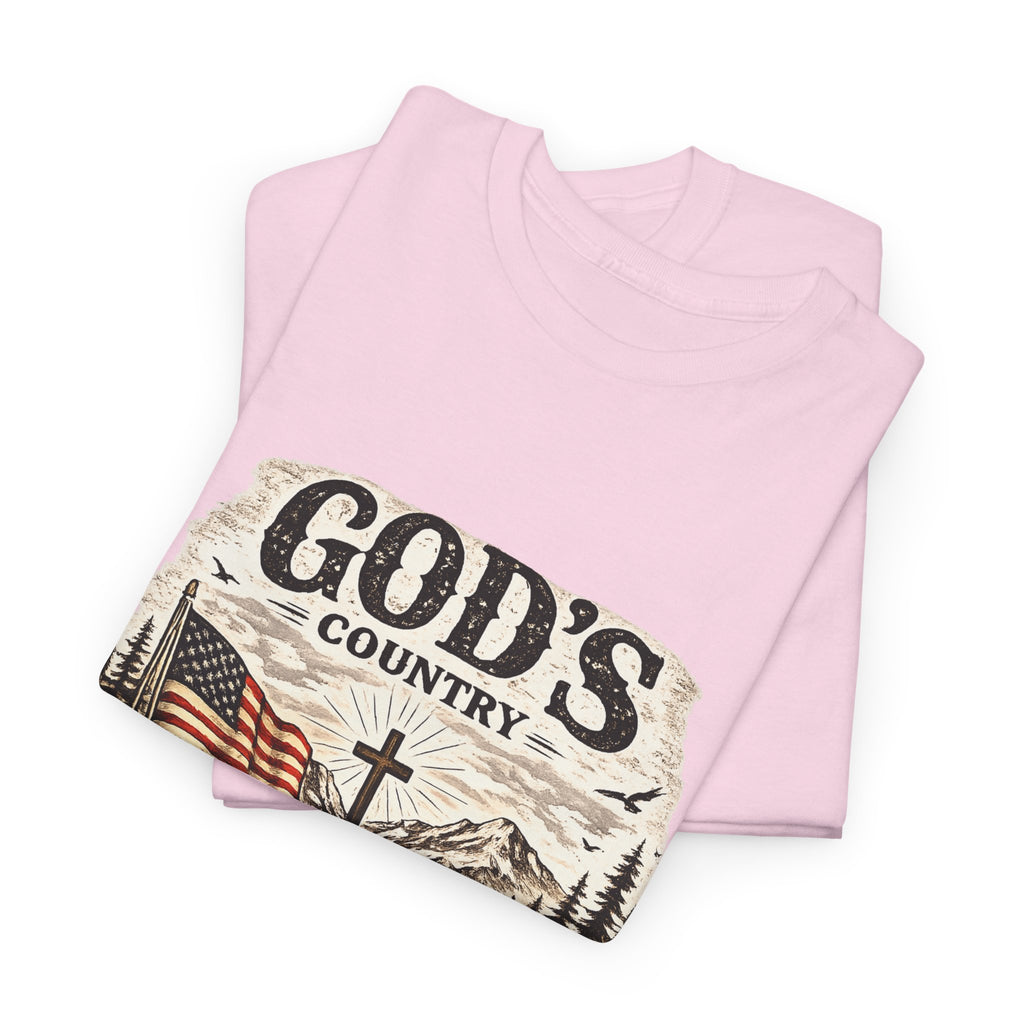God's Country T-Shirt — American Flag, Cross & Rustic Mountain Vintage Graphic Tee