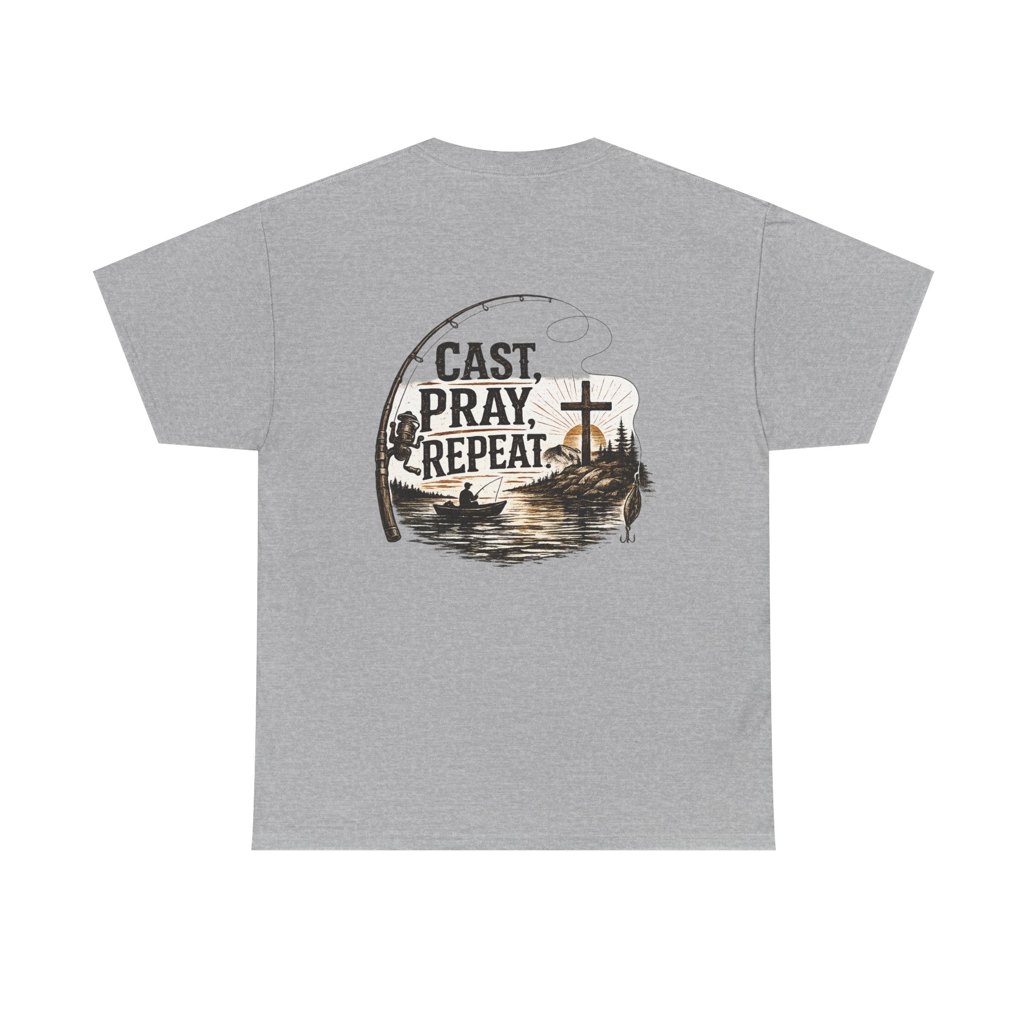 Fishing T‑Shirt — "Cast. Pray. Repeat." Christian Fishing Tee