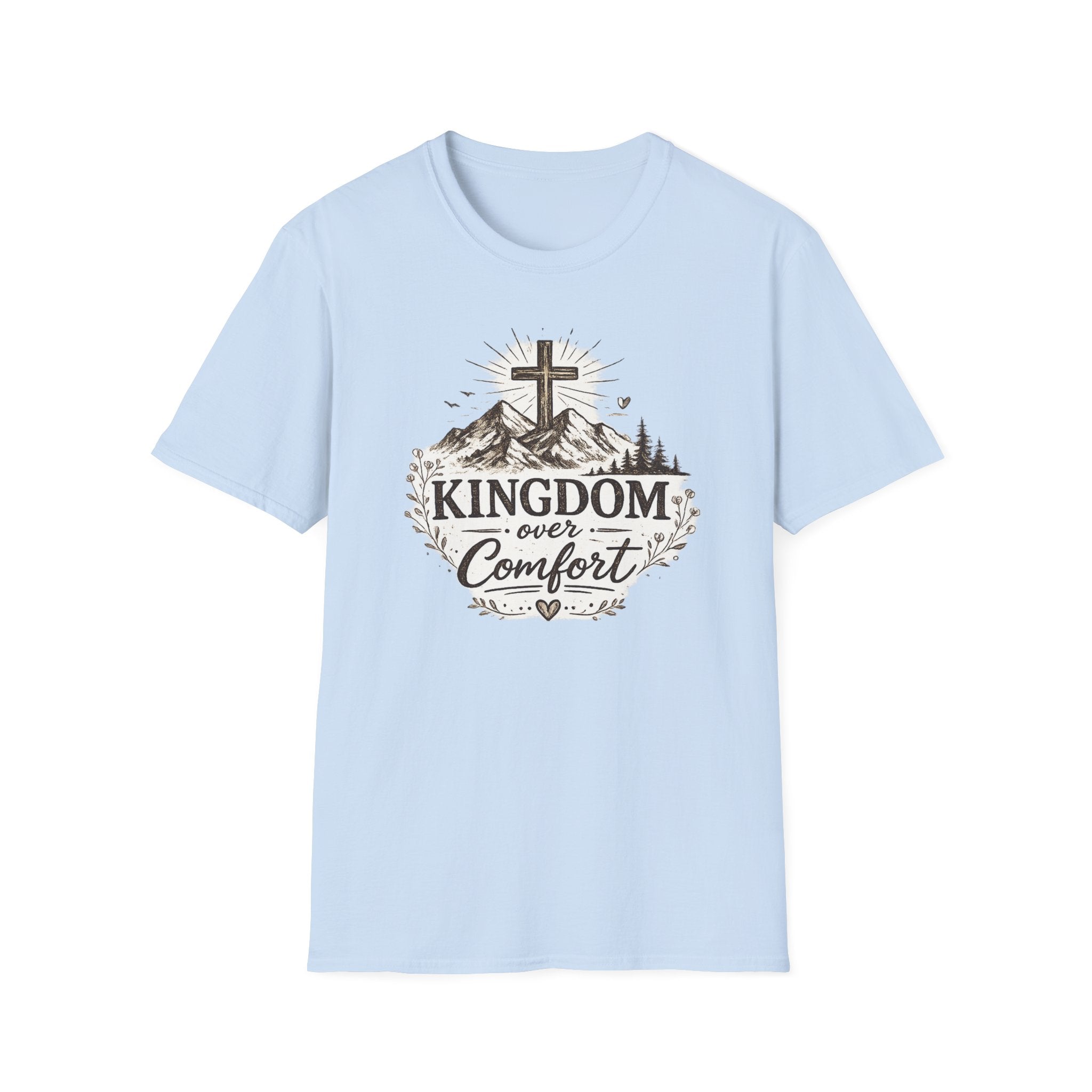 Kingdom Over Comfort Christian T-Shirt – Faith Cross Mountain Graphic