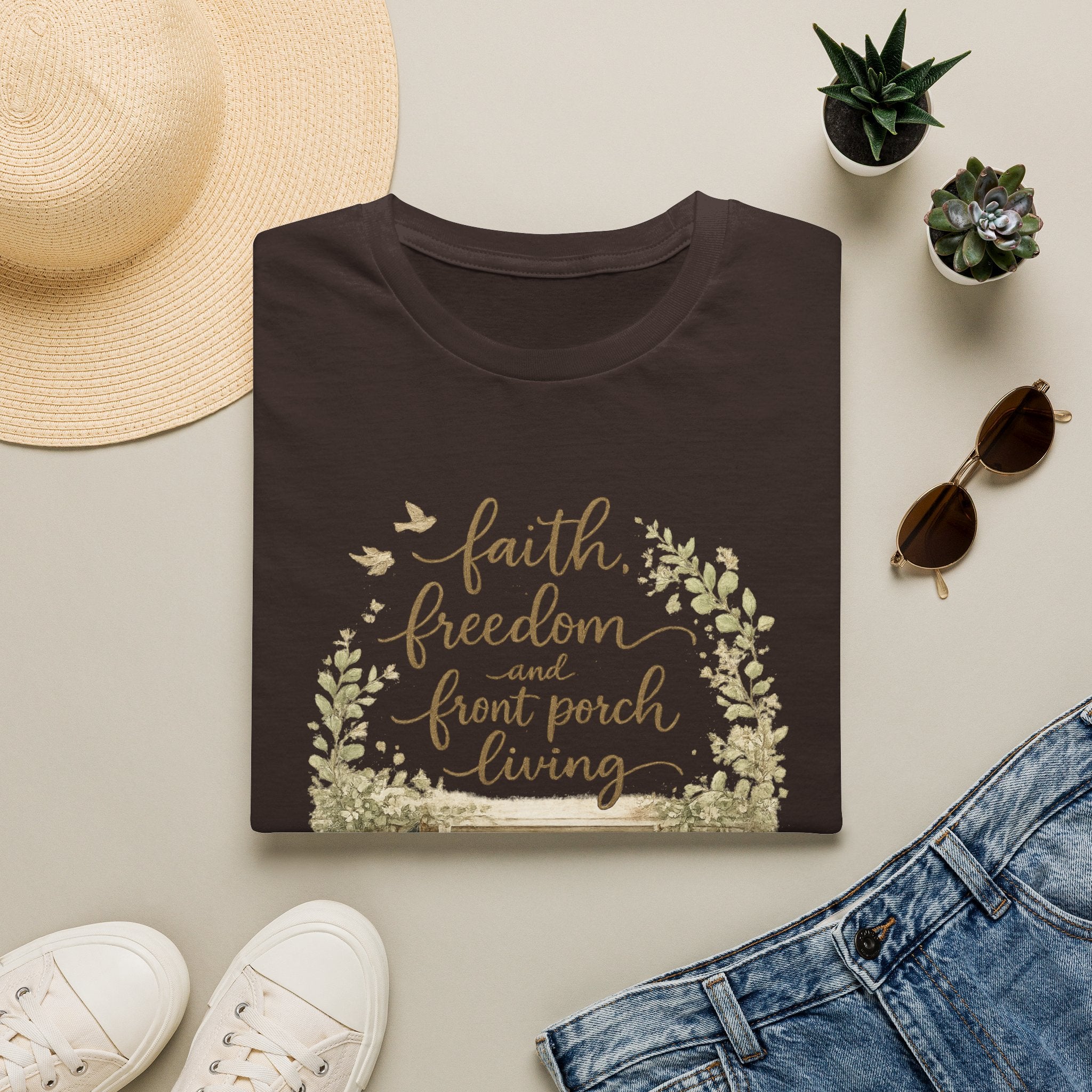 Faith, Freedom & Front Porch Living T-Shirt — Cozy Farmhouse Cottage Tee