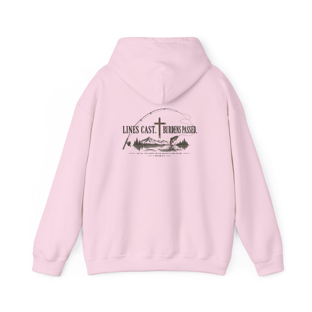 Fishing Hoodie – “Lines Cast, Burdens Passed” Outdoor Angler Pullover