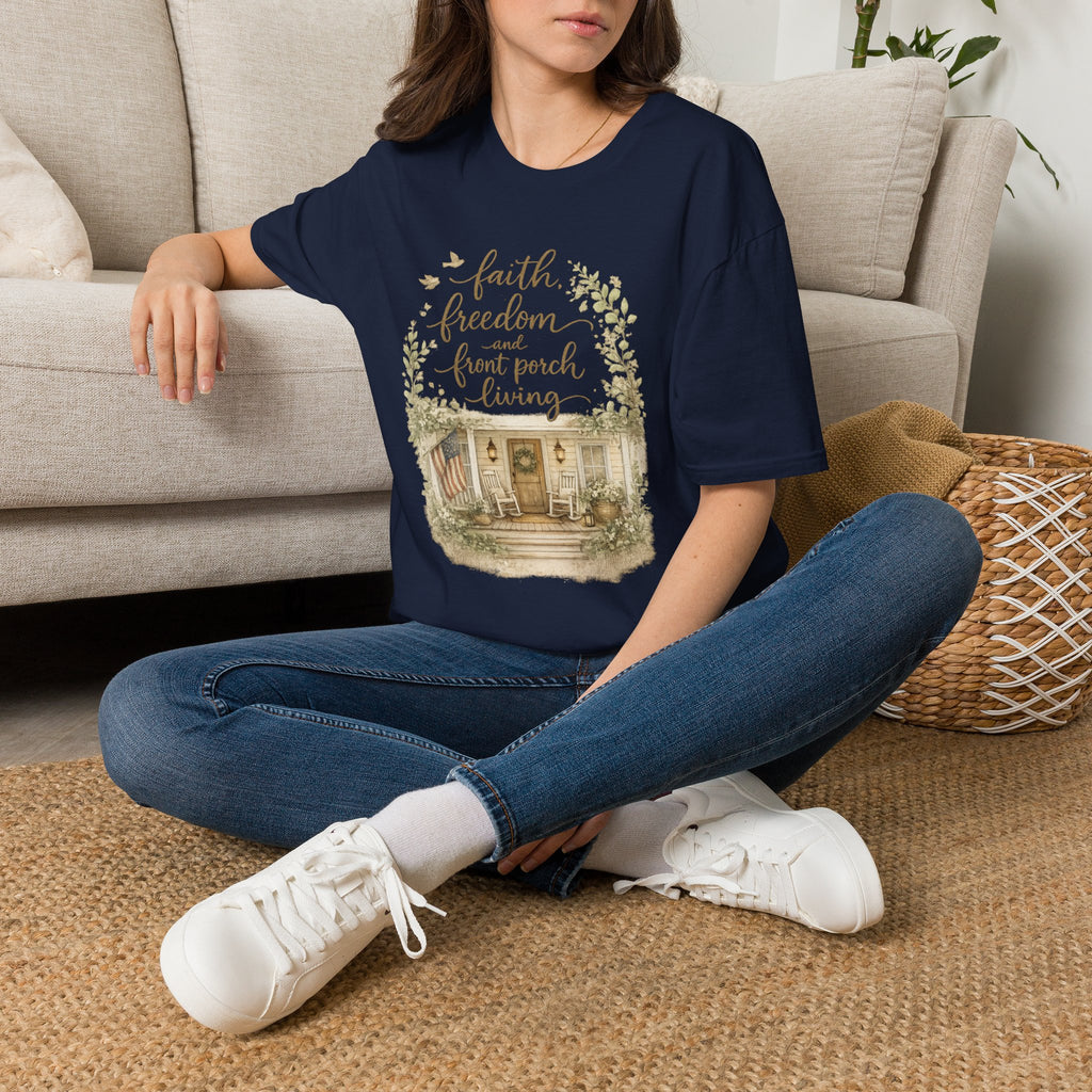 Faith, Freedom & Front Porch Living T-Shirt — Cozy Farmhouse Cottage Tee