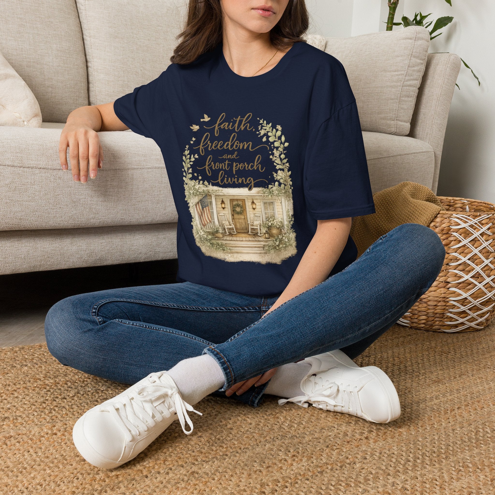 Faith, Freedom & Front Porch Living T-Shirt — Cozy Farmhouse Cottage Tee