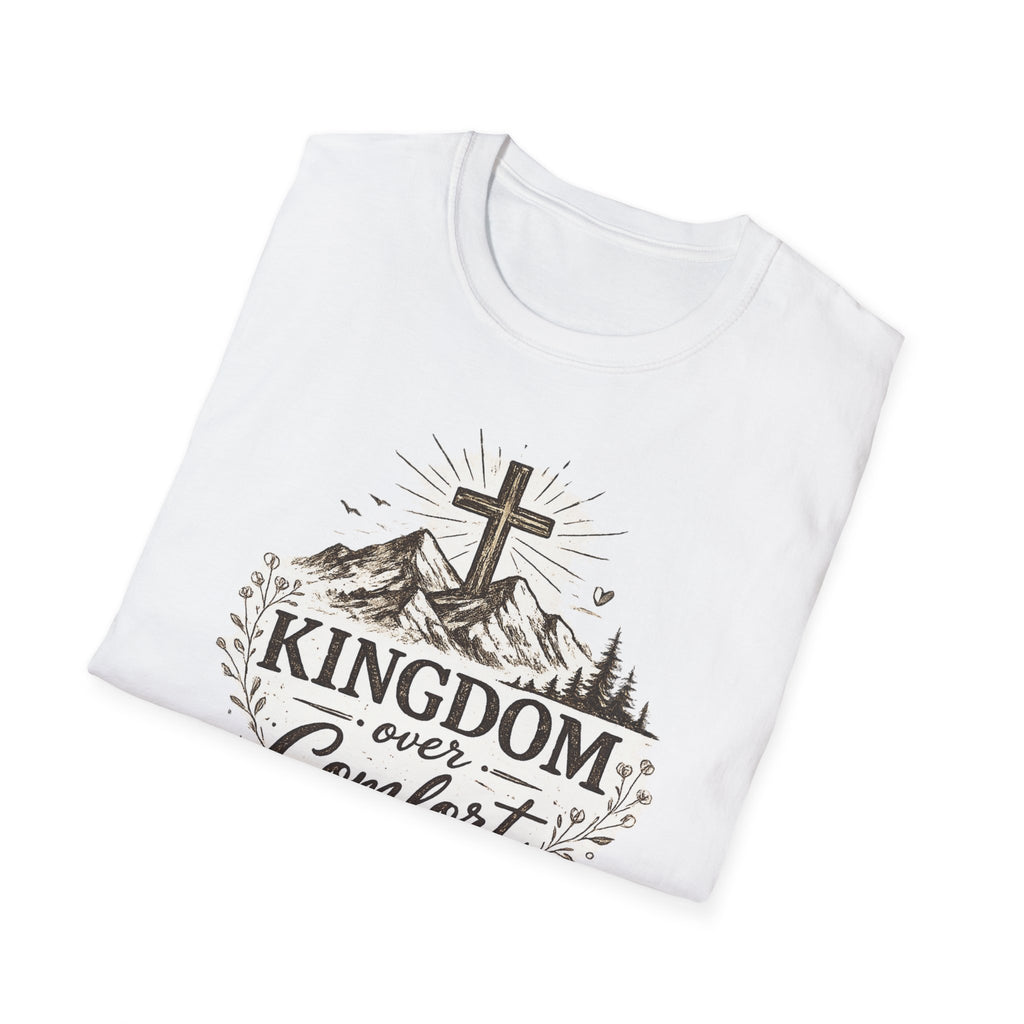 Kingdom Over Comfort Christian T-Shirt – Faith Cross Mountain Graphic