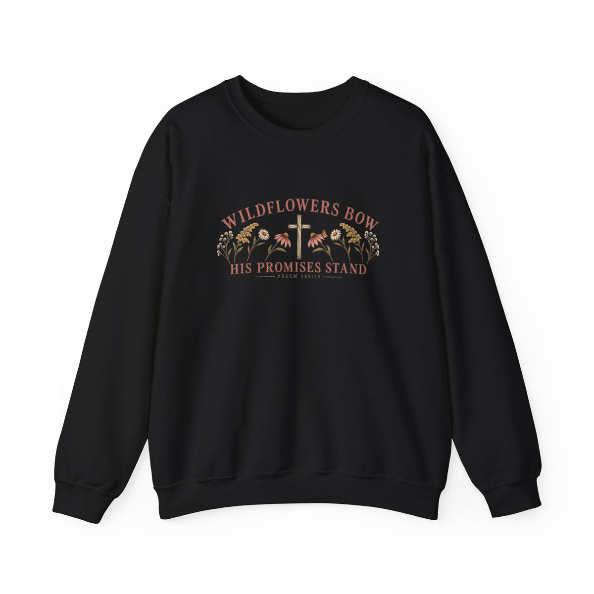 Wildflowers Bow Crewneck Sweatshirt — "His Promises Stand" Christian Floral Pullover
