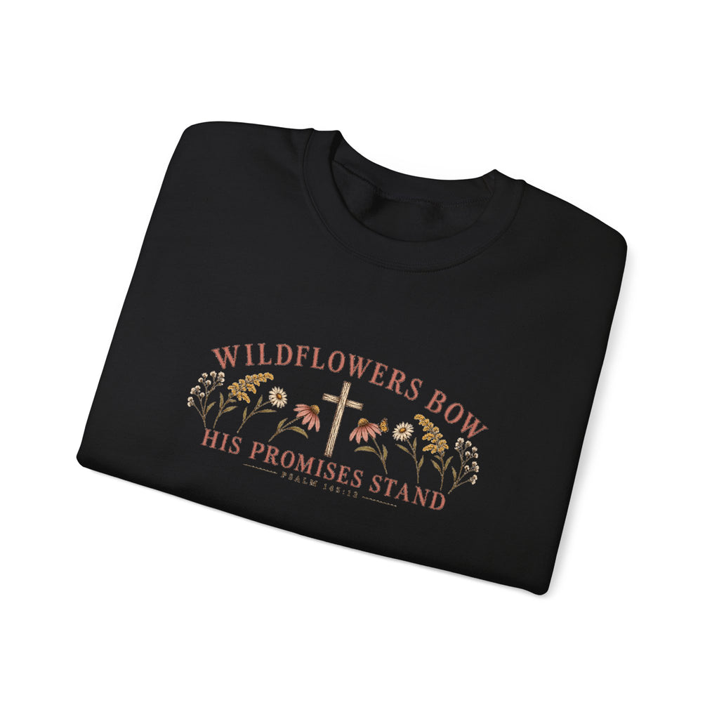 Wildflowers Bow Crewneck Sweatshirt — "His Promises Stand" Christian Floral Pullover