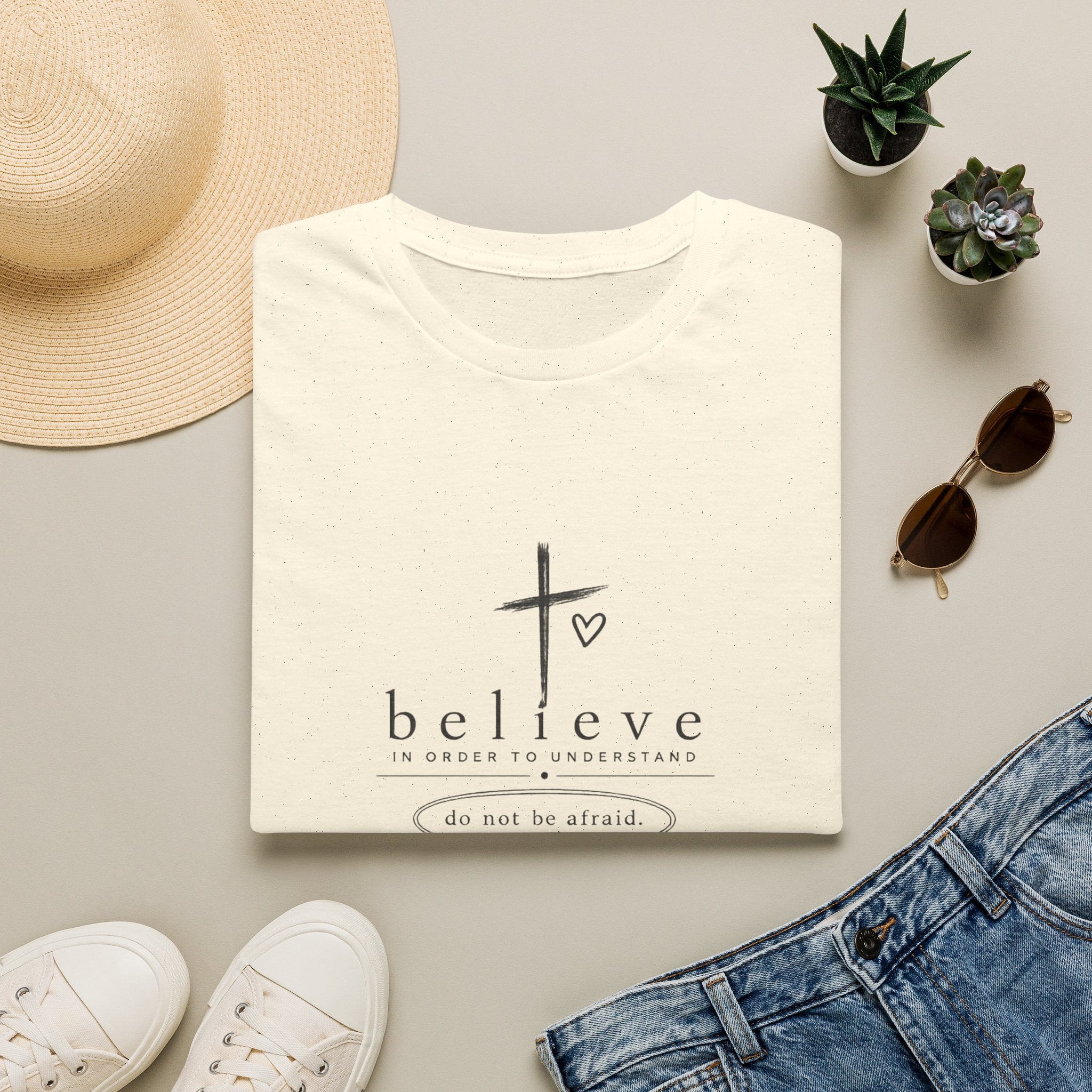 Believe Cross T‑Shirt — 'Believe in Order to Understand' Christian Faith Tee