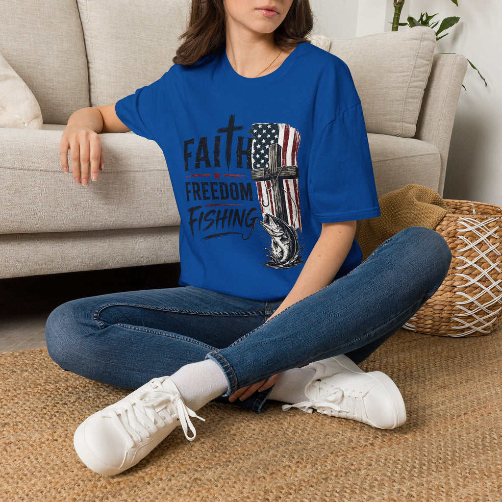 Faith & Freedom T-Shirt — American Flag Cross Fishing Graphic