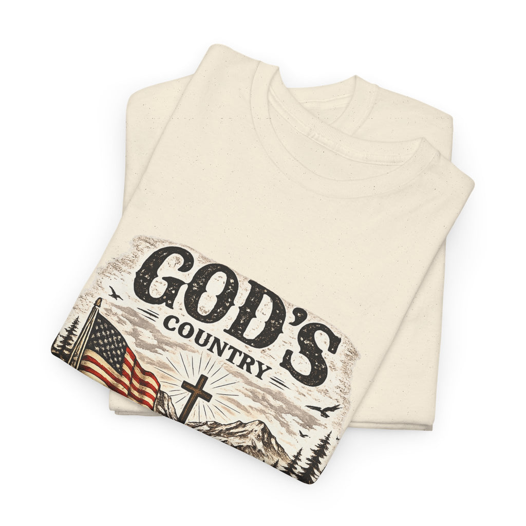 God's Country T-Shirt — American Flag, Cross & Rustic Mountain Vintage Graphic Tee