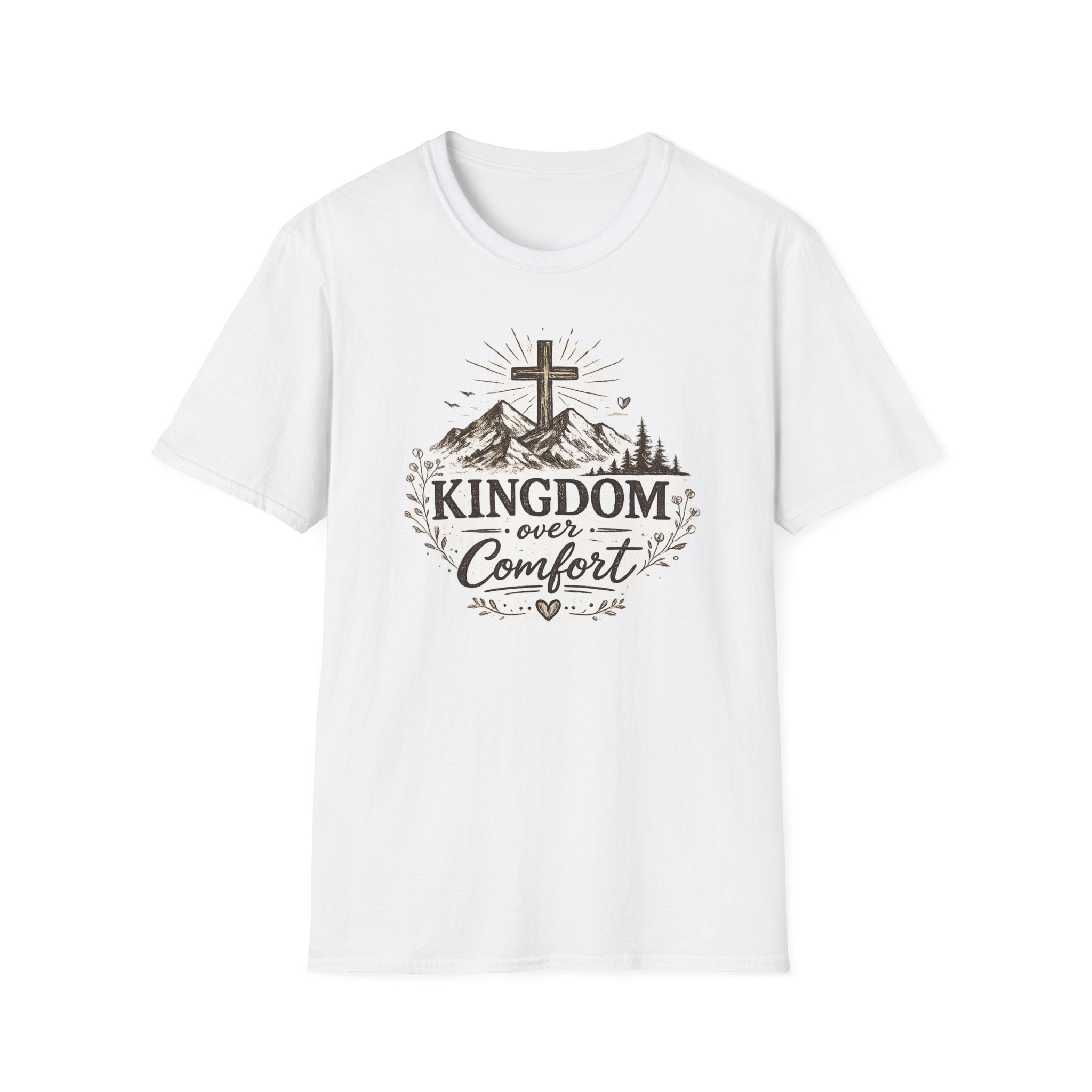 Kingdom Over Comfort Christian T-Shirt – Faith Cross Mountain Graphic