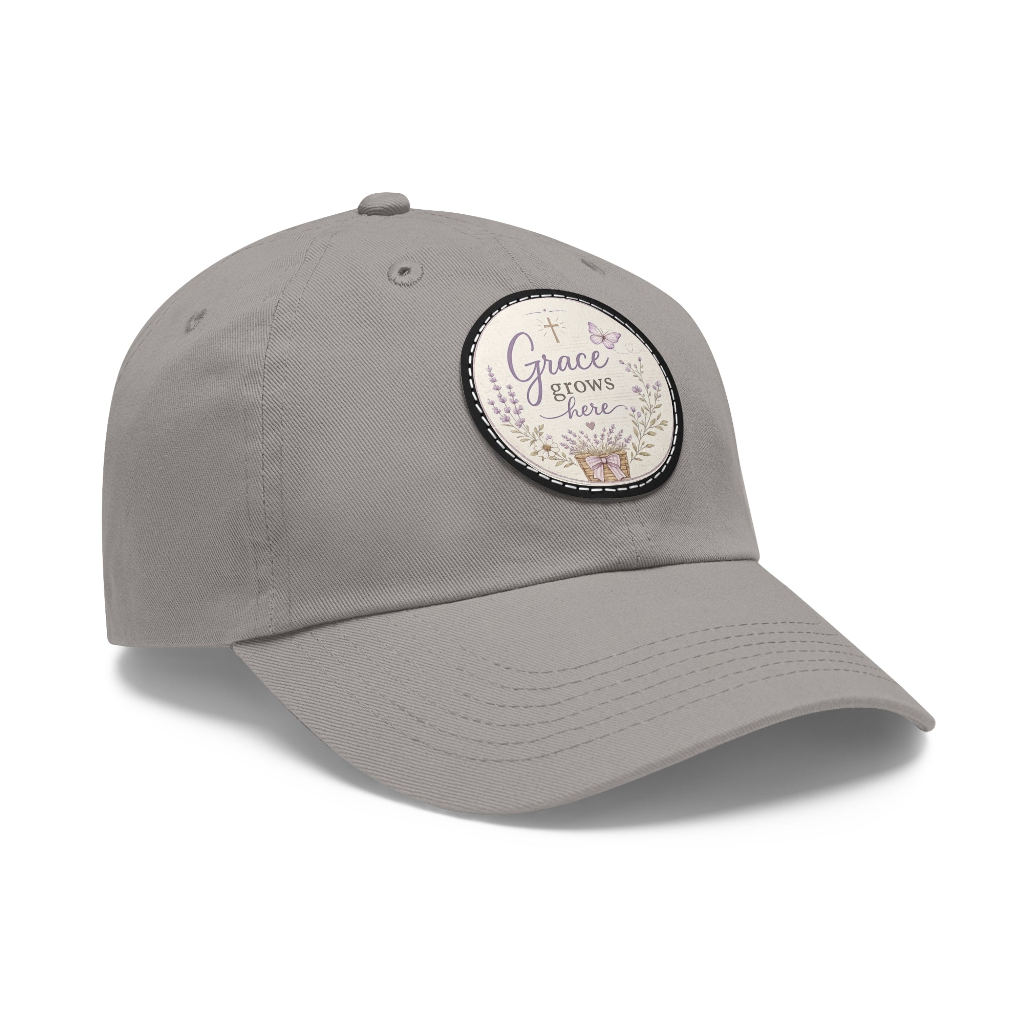 Grace Grows Here Dad Hat — Embroidered Round Leather Patch Christian Baseball Cap