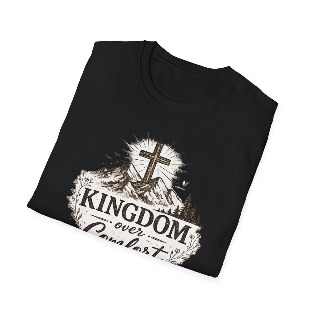 Kingdom Over Comfort Christian T-Shirt – Faith Cross Mountain Graphic
