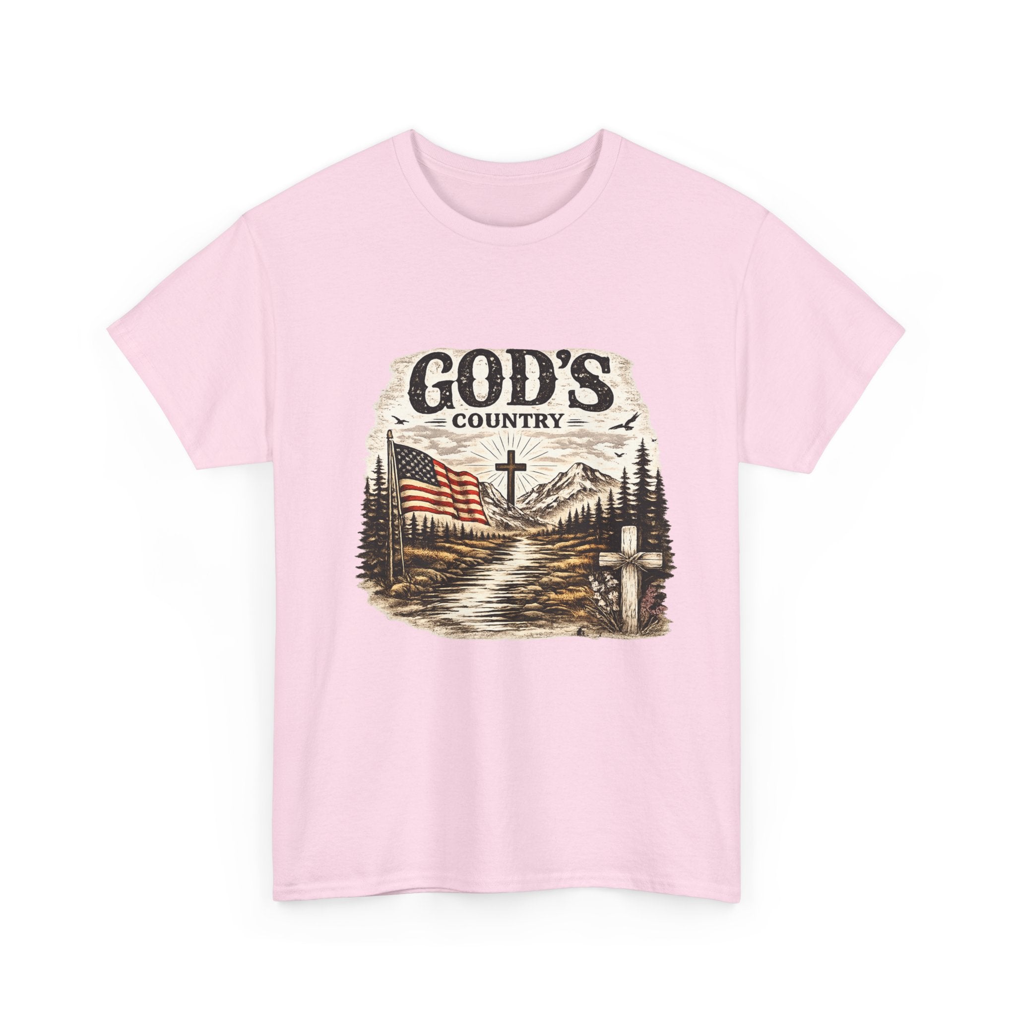 God's Country T-Shirt — American Flag, Cross & Rustic Mountain Vintage Graphic Tee