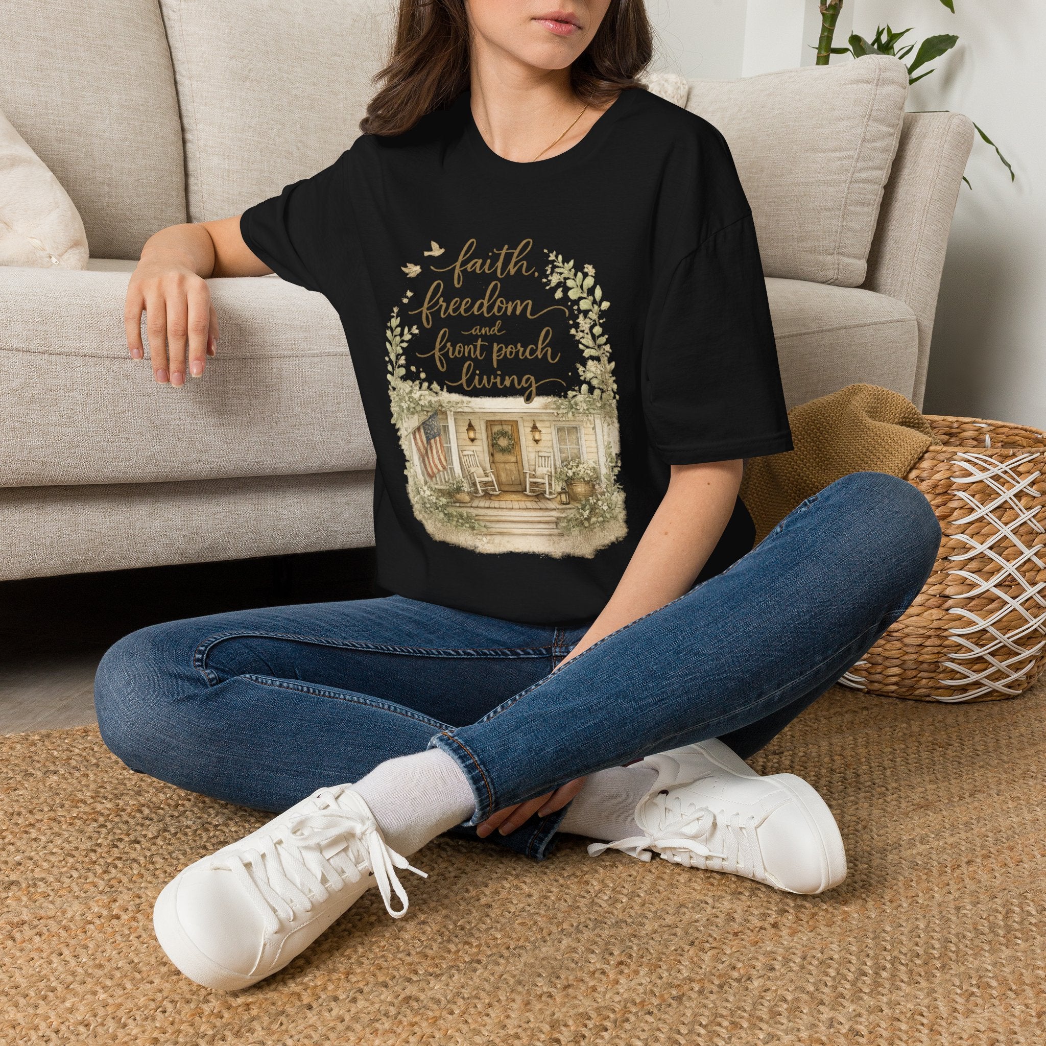 Faith, Freedom & Front Porch Living T-Shirt — Cozy Farmhouse Cottage Tee